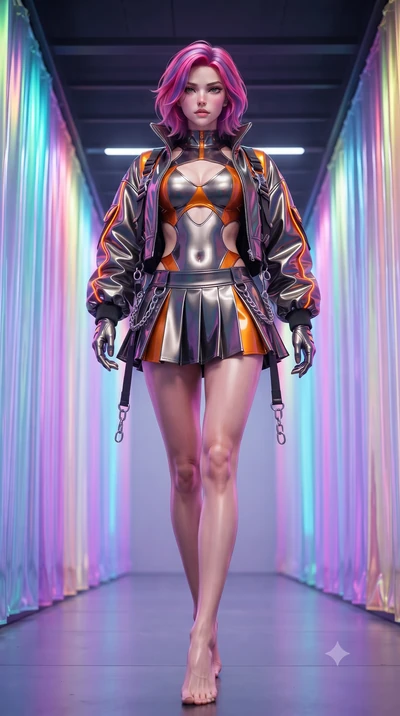 score_9, masterpiece, best quality, ultra-detailed, high-budget anime keyframe, editorial fashion photography, tasteful artistic composition, Caucasian woman. low angle full-body shot from head to toe showing her feet, filling the entire 9:16 vertica