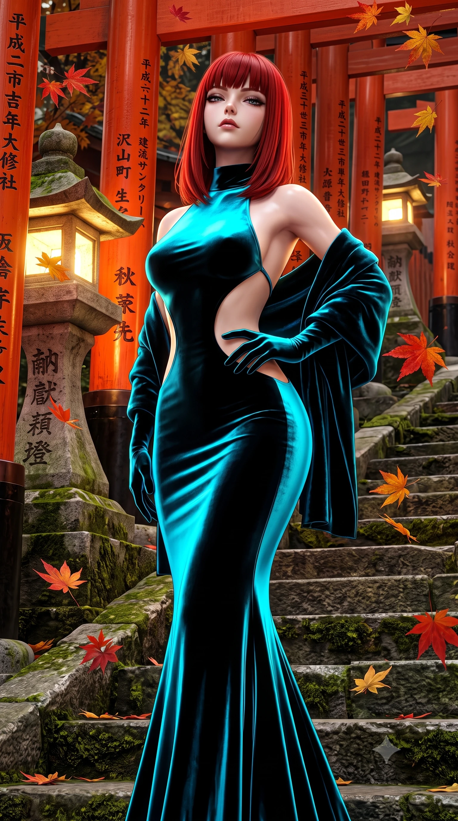 score_9, masterpiece, best quality, ultra-detailed, high-budget anime keyframe, semi-realistic 3D game render, editorial fashion photography, tasteful artistic composition, Caucasian woman. close-up cowboy shot from the waist and thighs up, the character dominates the composition, filling the frame with her large presence. tilting her chin up with proud, sovereign allure while gazing through thick eyelashes, one hand resting on her waist in pure supermodel charisma while standing poised on the ancient stone steps between glowing stone lanterns, twisting her slender torso in an alluring S-curve as autumn maple leaves fall. The surrounding environment is rendered in vivid detail and crisp panoramic clarity. sharp vermilion pillar lacquer texture, carved black kanji donor inscriptions, and stone step moss in deep focus. She has an exceptionally elegant, slender, and willowy female figure with an ultra-slim waist, flat toned midriff, narrow ribcage, and sculpted feminine hips creating an alluring, slim hourglass silhouette without bulk. sharp v-shaped jawline, high-bridge nose, intricate jewel-like eyes with depth, thick eyelashes, glossy parted lips with a natural sheen, intensely captivating and seductive bedroom-eyes expression, flawlessly proportioned anatomical accuracy, strict slender model proportions, natural body alignment, perfectly sculpted long slender limbs, ultra-slim waistline, clean dynamic posture without body distortion. wearing a sculptured liquid-satin mermaid gown with an architectural open-waist cutout and bare spine in neon electric cyan and lacquer black, crafted from heavyweight crushed silk velvet with liquid vintage luster, complemented by a plush velvet shawl draped loosely over her elbows, the glove-like aerodynamic silhouette tightly following the natural contour of her hips and long slender legs with statuesque 8.5-heads elegance. illuminated by delicate directional lantern light sharply defining her sculpted collarbones, narrow waist, and curvy hips. highly saturated vibrant anime colors, detailed shading with soft gradients, rich glossy textures, high-contrast stereoscopic depth, volumetric dynamic lighting, master piece, 9:16 ratio