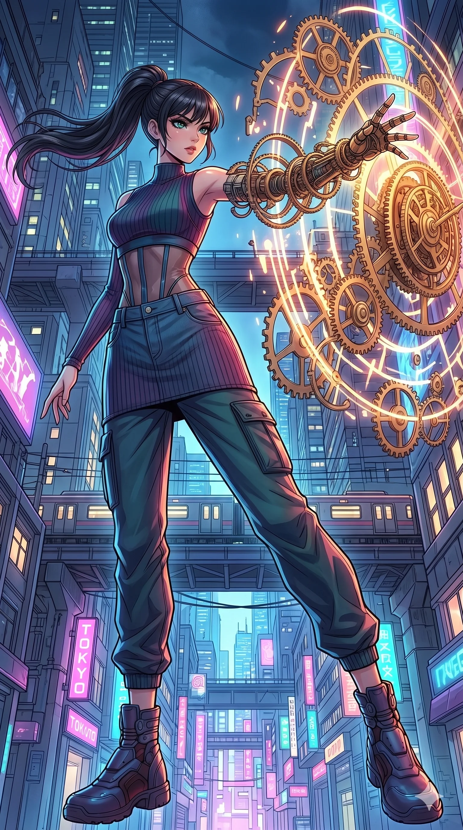 score_9, masterpiece, best quality, ultra-detailed, high-budget anime movie keyframe, cinematic anime lighting, intricate line art, Japanese woman. Dynamic full-body shot stretching the vertical silhouette with extreme perspective. summoning a barrier of gears and clockwork parts. She has an absolutely perfect 8-heads proportion, an exceptionally tall and slender female figure with an ultra-slim waist and impossibly long slender legs. strictly human anatomy, two legs only, no extra limbs, clearly defined legs and arms, perfect anatomy, perfect hands and fingers. sharp v-shaped jawline, high-bridge nose, intricate jewel-like eyes, thick eyelashes, glossy lips. Wearing Urban Trendsetter: Ribbed bodycon dress, crop top with high-waist denim, and sheer corset with cargo pants. The scene is illuminated by dramatic atmospheric lighting and vibrant color palettes. , 2k, ultra detail, master piece, 9:16 ratio