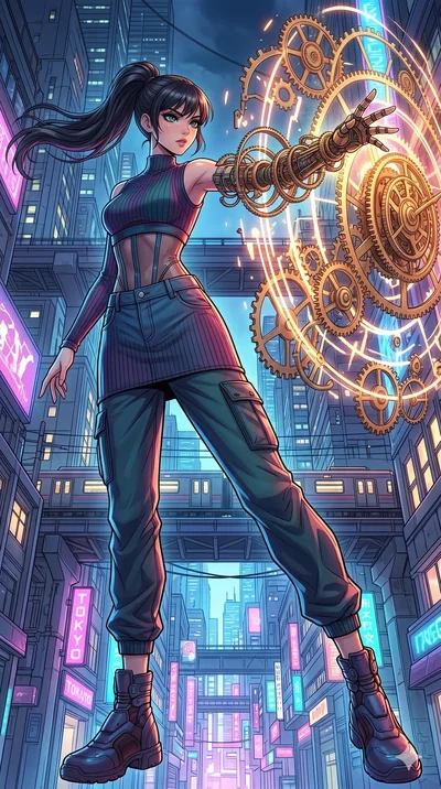 score_9, masterpiece, best quality, ultra-detailed, high-budget anime movie keyframe, cinematic anime lighting, intricate line art, Japanese woman. Dynamic full-body shot stretching the vertical silhouette with extreme perspective. summoning a barrie