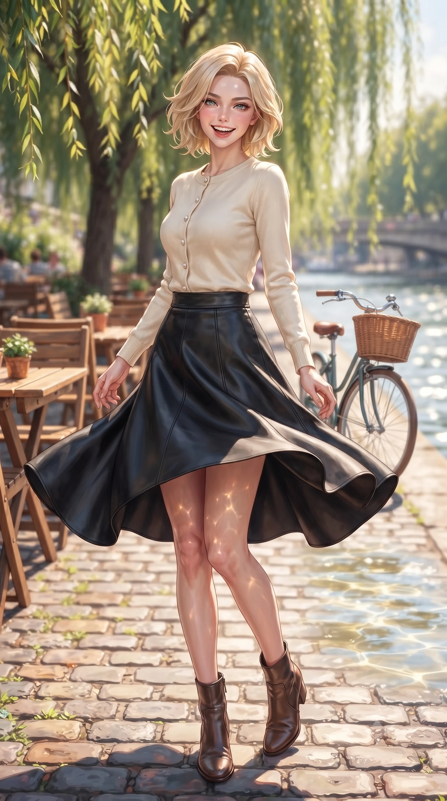 score_9, masterpiece, best quality, ultra-detailed, high-budget anime keyframe, editorial fashion photography, tasteful artistic composition, Caucasian woman. low angle full-body shot from head to toe showing her feet, filling the entire 9:16 vertical frame with her statuesque presence, stretching her vertical silhouette. twirling around with a playful, cute laugh, her skirt billowing beautifully in the air set against a soft-focus background of at a riverside picnic area with wooden tables under weeping willow trees with a bicycle and a wicker basket parked on the path behind her. She has an absolutely perfect, statuesque 8.5-heads proportion, an exceptionally tall and slender model-like female figure with impossibly long slender legs and an ultra-slim waist. sharp v-shaped jawline, high-bridge nose, intricate jewel-like eyes with depth, thick eyelashes, glossy lips with a natural sheen. wearing tailored tight-fitting cashmere cardigan closed, paired with a sleek leather midi skirt. bright daylight reflecting off the water, casting shifting ripples on her skin. highly saturated vibrant anime colors, detailed shading with soft gradients, rich glossy textures, high-contrast stereoscopic depth, volumetric dynamic lighting, master piece, 9:16 ratio