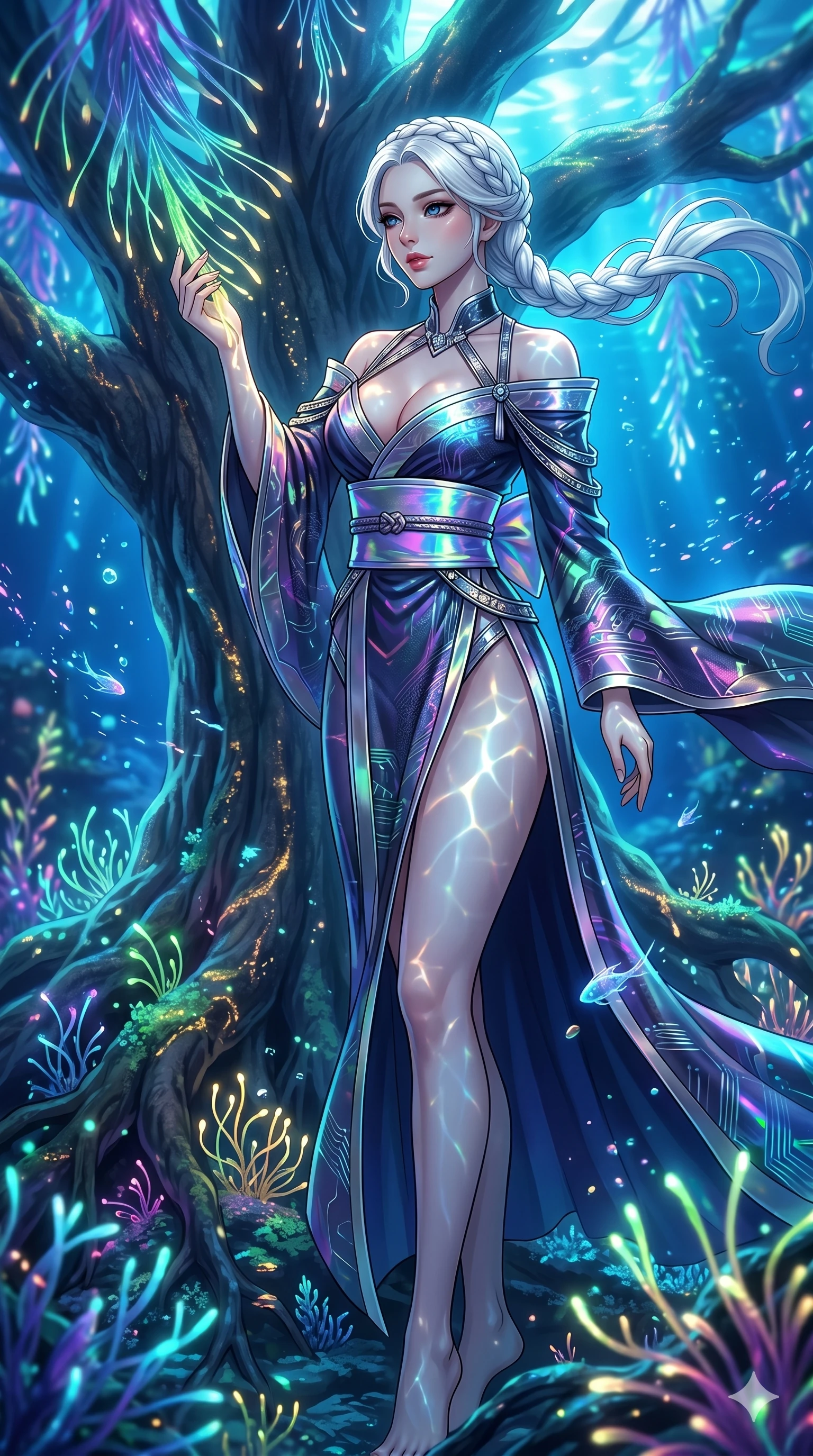 score_9, masterpiece, best quality, ultra-detailed, High-budget Anime Keyframe, vibrant colors, fluid line-art, expressive lighting, cinematic composition, Ufotable-style visual effects, top-tier animation quality, Korean woman with idol-like refined features. Upper body close-up from the thighs up, character filling the screen for maximum presence. Communing with a ancient tree whose leaves are made of translucent fiber-optics. She has an absolutely perfect 8-heads proportion, an exceptionally tall and slender female figure with impossibly long slender legs and an ultra-slim waist, her statuesque height and towering silhouette dominating the vertical 9:16 frame. Her face is a masterpiece featuring a sharp v-shaped jawline, high-bridge nose, intricate jewel-like eyes with depth, thick eyelashes, and glossy lips with a natural sheen. She is wearing a High-slit tech-kimono with a holographic obi and deep-plunging silk hanbok-fusion with metallic straps.. The scene is set in an underwater Eden where the plants are made of light and fiber-optics. 2k, ultra detail, master piece, 9:16 ratio