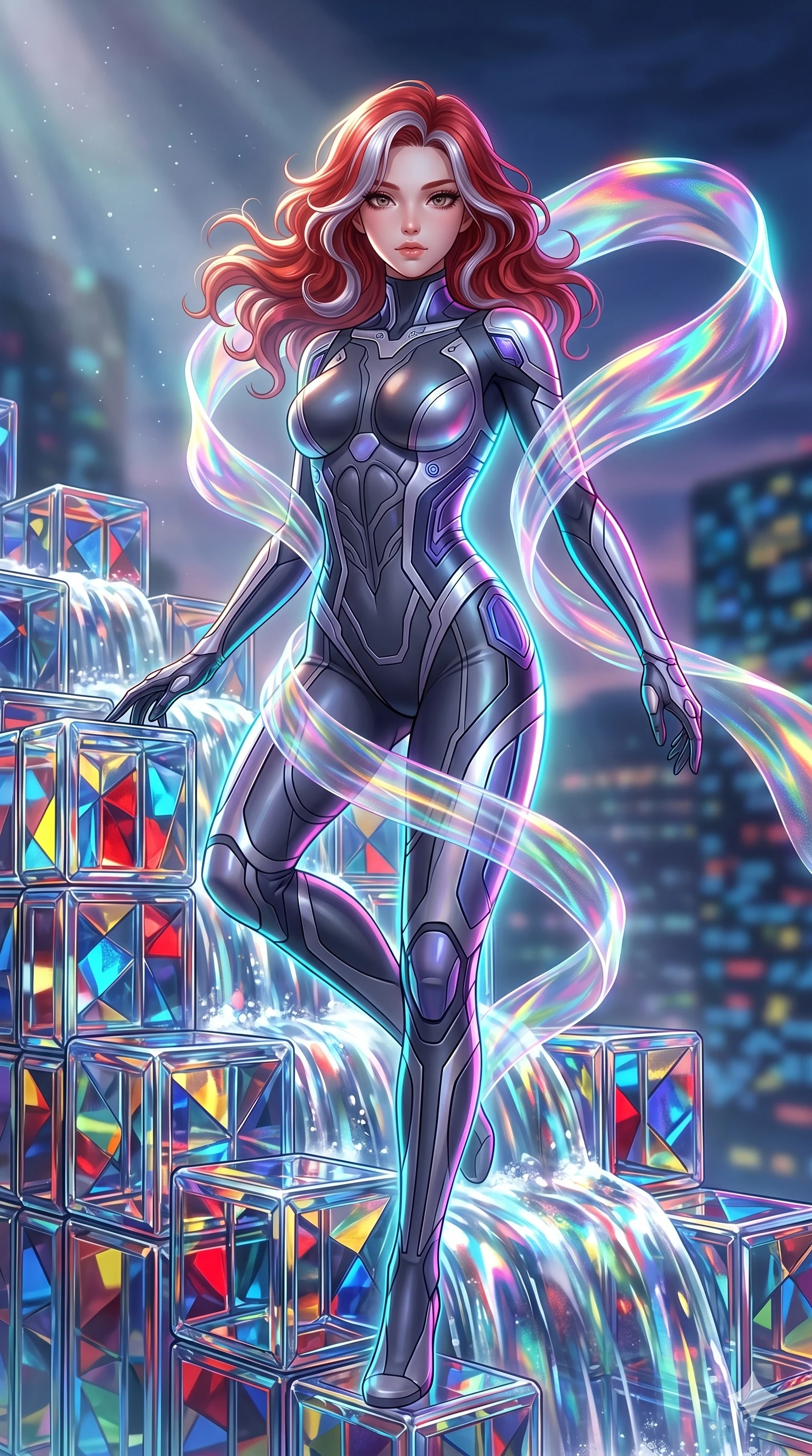 score_9, masterpiece, best quality, ultra-detailed, high-budget anime keyframe, Japanese woman. upper body close-up from the thighs up, character filling the screen for maximum presence. balancing on cubist glass blocks that cascade like a waterfall, reflecting complex mosaic patterns and primary colors. She has an absolutely perfect 8-heads proportion, an exceptionally tall and slender female figure with impossibly long slender legs and an ultra-slim waist. V-shaped jawline, high-bridge nose, intricate jewel-like eyes with depth, thick eyelashes, glossy lips with a natural sheen.. wearing a cybernetic bodysuit with a holographic ribbon, featuring a skin-tight contouring bodysuit wrapped in a translucent flowing holographic organza ribbon. bathed in brilliant cinematic volumetric lighting and intense neon rim light highlighting her slender form. 2k, ultra detail, master piece, 9:16 ratio