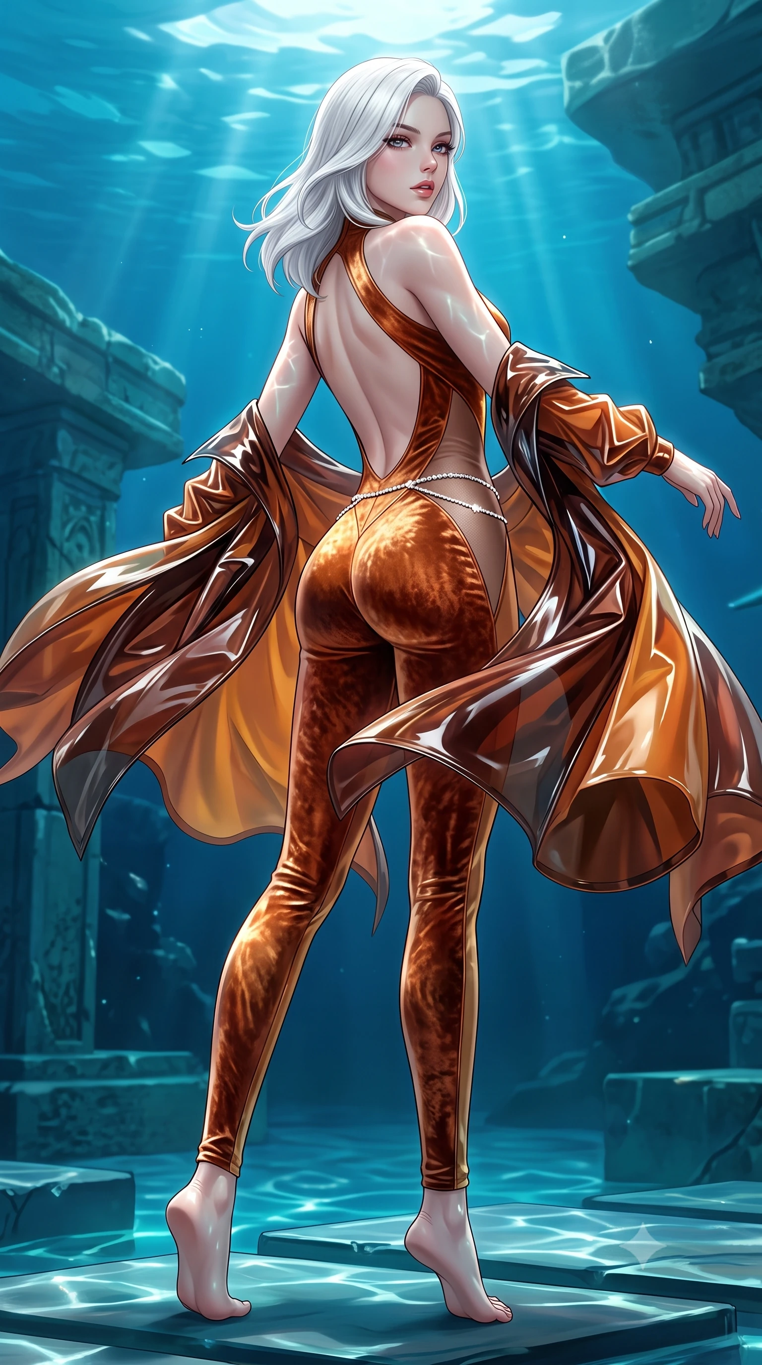 score_9, masterpiece, best quality, ultra-detailed, high-budget anime keyframe, semi-realistic 3D game render, editorial fashion photography, tasteful artistic composition, Caucasian woman. low angle full-body shot from head to toe showing her feet, filling the entire 9:16 vertical frame with her statuesque presence, stretching her vertical silhouette. executing an elegant mid-motion pivot turn as garments swirl around her slender limbs, glancing over her shoulder with an intoxicating bedroom-gaze while turning in an alluring contrapposto stance as her sleek speedsuit clings to her form, looking back over a bare shoulder with parted glossy lips. The surrounding environment is rendered in vivid detail and crisp panoramic clarity. detailed wet-look vinyl texture, aquatic light caustics on skin, and submerged underwater structural clarity in high resolution. She has an exceptionally tall and slender model-like 8.5-heads proportion, an ultra-slim waist, a flat toned midriff, narrow delicate ribcage, and beautifully sculpted feminine hips creating a graceful, slim hourglass silhouette without any bulky heaviness, with impossibly long slender legs. sharp v-shaped jawline, high-bridge nose, intricate jewel-like eyes with depth, thick eyelashes, glossy parted lips with a natural sheen, intensely captivating and seductive bedroom-eyes expression, flawlessly proportioned anatomical accuracy, strict slender model proportions, natural body alignment, perfectly sculpted long slender limbs, ultra-slim waistline, clean dynamic posture without body distortion. wearing a second-skin compression catsuit with an open back and sheer mesh side waist contouring in rich copper bronze and warm amber, crafted from heavyweight crushed silk velvet with liquid vintage luster, accented with a dainty diamond waist chain catching the ambient light reflections, the glove-like aerodynamic silhouette tightly following the natural contour of her hips and long slender legs with statuesque 8.5-heads elegance. illuminated by shimmering water caustic reflections accentuating her sculpted midriff, narrow waist, and curvy hips. highly saturated vibrant anime colors, detailed shading with soft gradients, rich glossy textures, high-contrast stereoscopic depth, volumetric dynamic lighting, master piece, 9:16 ratio