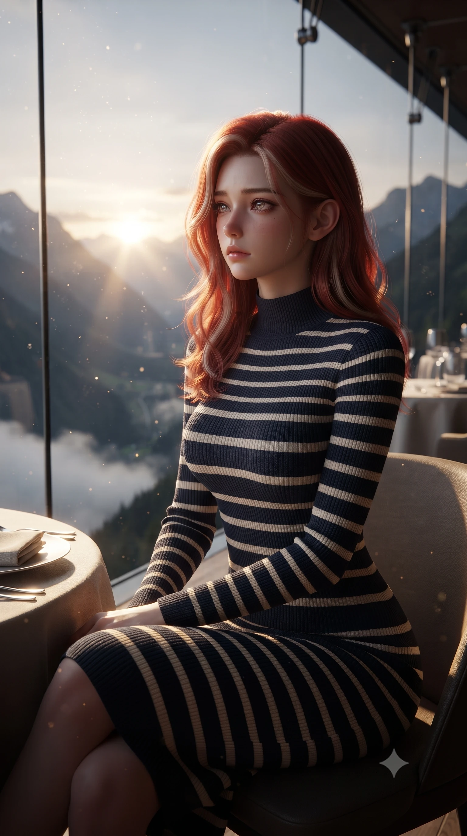 score_9, masterpiece, best quality, ultra-detailed, high-budget anime keyframe, editorial fashion photography, tasteful artistic composition, Caucasian woman, strictly human ears. close-up cowboy shot from the waist and thighs up, the character dominates the composition, filling the frame with her large presence, background elements kept in soft focus. Gazing into the distance with a wistful melancholic expression and softly glowing eyes. set against a soft-focus background of a restaurant with panoramic glass walls suspended by cables above a dramatic mountain valley with clouds drifting at table level and the sun setting between distant peaks visible through crystal-clear glass. She has an exceptionally elegant and slender, willowy female figure with an ultra-slim waist, a gracefully sculpted slender torso, and a refined slim physique. sharp v-shaped jawline, high-bridge nose, intricate jewel-like eyes with depth, thick eyelashes, glossy lips with a natural sheen. wearing a form-fitting knit midi dress in navy and cream stripes, featuring a mock neck and long sleeves. golden hour sunlight streaming in warm shafts with floating dust particles catching the light. 2k, ultra detail, master piece, 9:16 ratio