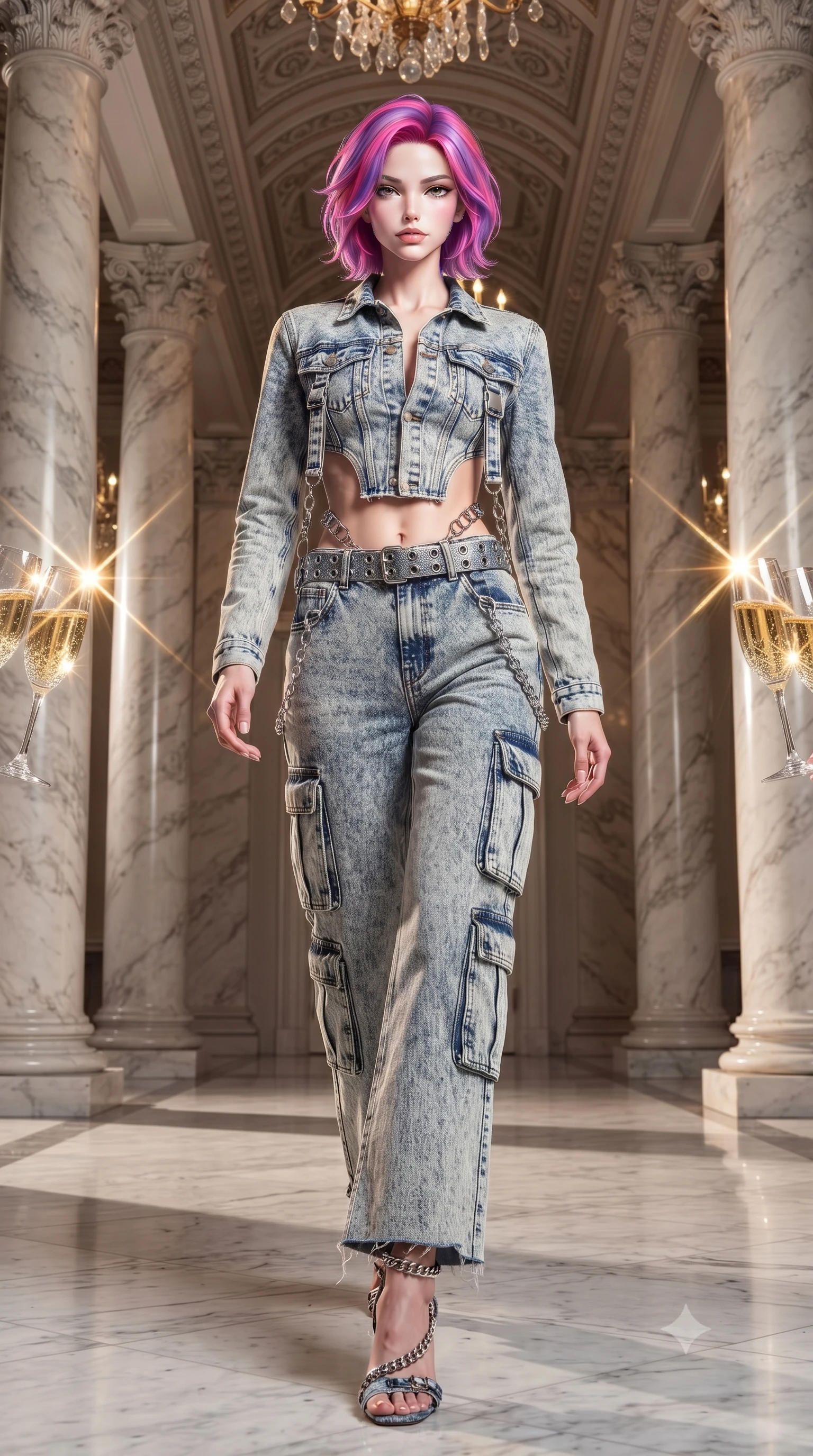 score_9, masterpiece, best quality, ultra-detailed, high-budget anime keyframe, editorial fashion photography, tasteful artistic composition, Caucasian woman. low angle full-body shot from head to toe showing her feet, filling the entire 9:16 vertical frame with her statuesque presence, stretching her vertical silhouette. striding forward in a proud, dynamic supermodel runway stride, her statuesque vertical silhouette commanding the entire frame while pivoting dynamically beside colossal marble columns as golden champagne toasts catch dazzling light highlights. The surrounding environment is rendered in vivid detail and crisp panoramic clarity. detailed neoclassical column fluting, palace ceiling chandeliers, and satin dress textures in high clarity. She has an absolutely perfect, statuesque 8.5-heads proportion, an exceptionally tall and slender model-like female figure with impossibly long slender legs, a toned flat midriff, and an ultra-slim waist. sharp v-shaped jawline, high-bridge nose, intricate jewel-like eyes with depth, thick eyelashes, glossy lips with a natural sheen, captivating and magnetic expression, flawlessly proportioned anatomical accuracy, strict slender model proportions, natural body alignment, perfectly sculpted long slender limbs, ultra-slim waistline, clean dynamic posture without body distortion. wearing a deconstructed denim corseted crop jacket paired with high-waisted wide-leg utility jeans and a silver grommet belt in acid-wash light denim and dark chrome, tailored from distressed structured cotton denim with metallic thread, accented with hanging industrial clip straps and chrome chain links edition #17, the precision-cut daring openings accentuating her delicate midriff, graceful bare collarbones, and ultra-slim feminine waistline. illuminated by crisp specular highlights tracing her sculpted flat midriff, collarbones, and long legs. ultra-reflective glossy finish, specular highlights, rich textural contrasts, high-contrast stereoscopic depth, volumetric dynamic lighting, 2k, ultra detail, master piece, 9:16 ratio
