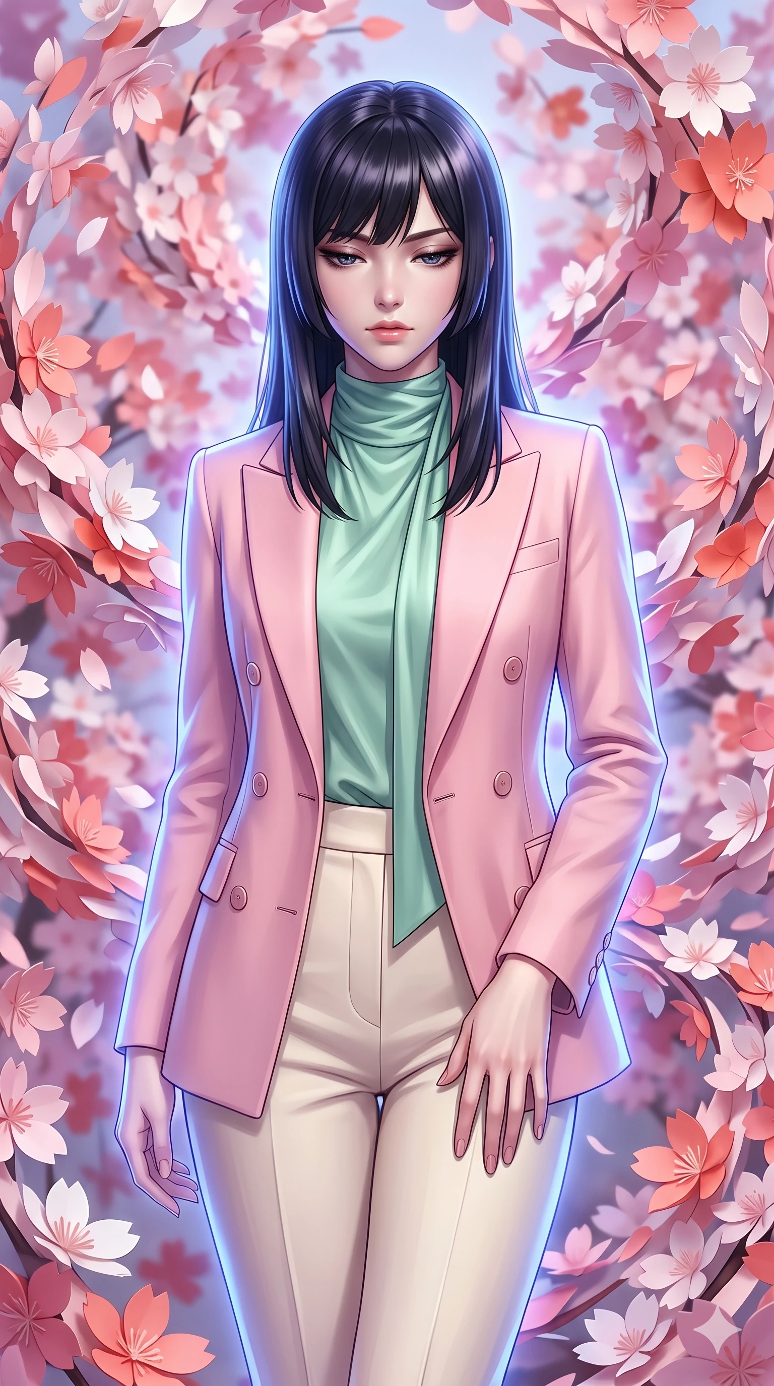 score_9, masterpiece, best quality, ultra-detailed, high-budget anime keyframe, editorial fashion photography, tasteful artistic composition, Caucasian woman, strictly human ears. close-up cowboy shot from the waist and thighs up, the character dominates the composition, filling the frame with her large presence, background elements kept in soft focus. Looking down with lowered lashes and a composed powerful expression. set against a soft-focus background of caught in a magnificent whirlwind of thousands of paper cherry blossoms that continuously unfold and refold in kaleidoscopic motion creating spiraling patterns of pink white and coral paper petals. She has an exceptionally elegant and slender, willowy female figure with an ultra-slim waist, a gracefully sculpted slender torso, and a refined slim physique. sharp v-shaped jawline, high-bridge nose, intricate jewel-like eyes with depth, thick eyelashes, glossy lips with a natural sheen. wearing a double-breasted pastel pink blazer over a mint green silk scarf top, paired with high-waisted cream tailored trousers. cool ethereal blue-violet bioluminescent glow wrapping around her from all sides. 2k, ultra detail, master piece, 9:16 ratio