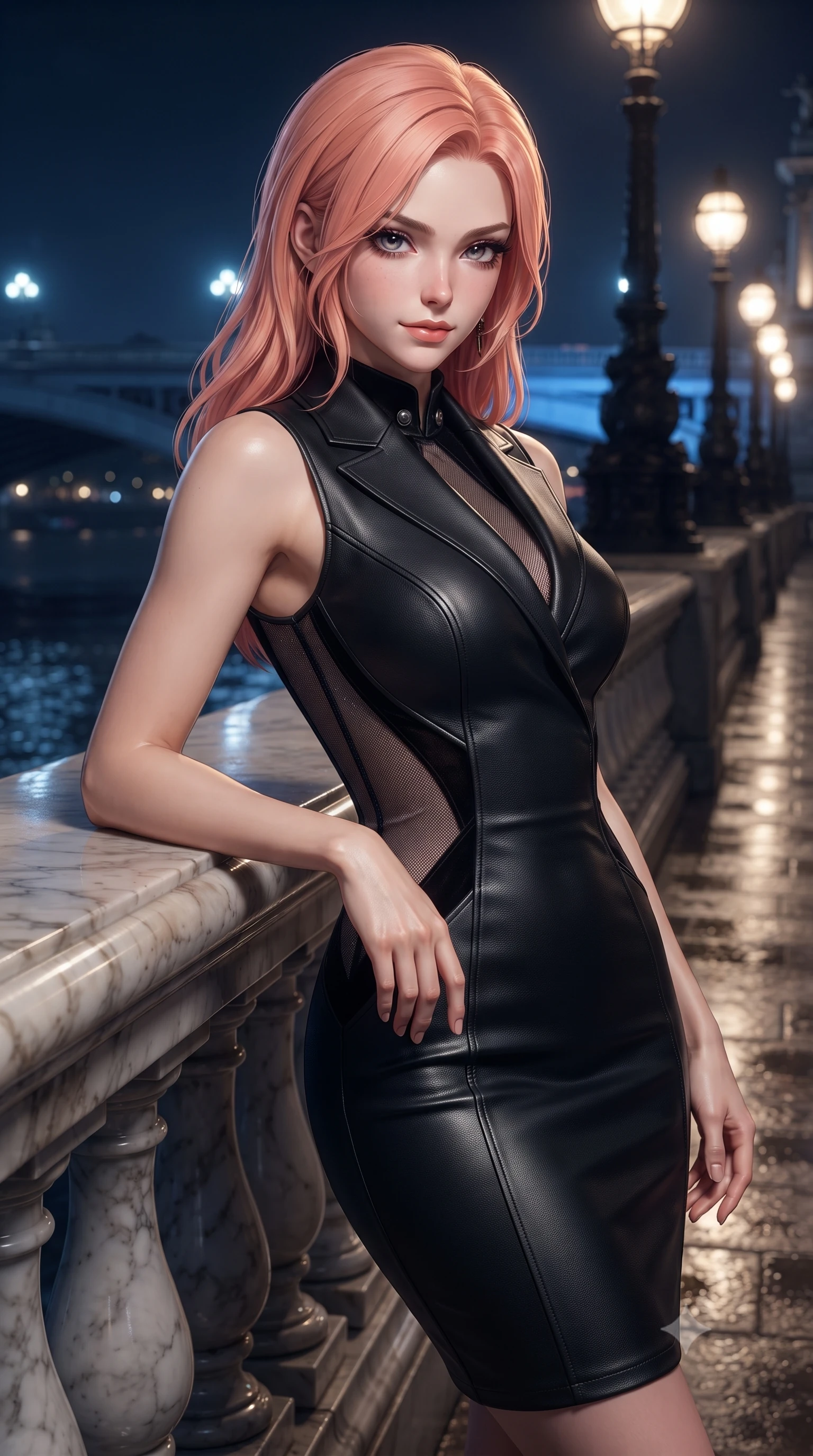 score_9, masterpiece, best quality, ultra-detailed, high-budget anime keyframe, editorial fashion photography, tasteful artistic composition, Japanese woman. close-up cowboy shot from the waist and thighs up, the character dominates the composition, filling the frame with her large presence. resting one elbow on the marble balustrade while arching her spine with dancer poise, her dark bedroom-eyes casting a magnetic sidelong glance while posing beside the dark river waters with arms relaxed, casting a slow, direct gaze beneath heavy lashes with quiet, dangerous intensity. The surrounding environment is rendered in vivid detail and crisp panoramic clarity. sharp river wall stone texture, cast-iron lantern scrollwork, and damp pavement sheen in deep focus. She has an exceptionally elegant, slender, and willowy female figure with an ultra-slim waist, flat toned midriff, narrow ribcage, and sculpted feminine hips creating an alluring, slim hourglass silhouette without bulk. sharp v-shaped jawline, high-bridge nose, intricate jewel-like dark sparkling eyes with dangerous depth, thick curled eyelashes, glossy parted lips with a rich wine sheen, smoldering seductive half-smile with bedroom-eyes, exuding effortless superiority and intoxicating dark allure, flawlessly proportioned anatomical accuracy, strict slender model proportions, natural body alignment, perfectly sculpted long slender limbs, ultra-slim waistline, clean dynamic posture without body distortion. wearing a high-neck sleeveless bodycon dress in textured matte obsidian with side-torso semi-sheer mesh inserts in shimmering pewter and noir velvet black, made of supple butter-soft lambskin leather with a subtle satin sheen, finished with sharp tailored peak lapels and subtle horn button accents, the glove-like silhouette tightly following the natural contour of her hips and long slender legs with youthful 8.5-heads elegance. bathed in cool ethereal cobalt bridge floodlights and warm golden promenade streetlights. ultra-reflective glossy finish, specular highlights, rich textural contrasts, high-contrast stereoscopic depth, volumetric dynamic lighting, 2k, ultra detail, master piece, 9:16 ratio