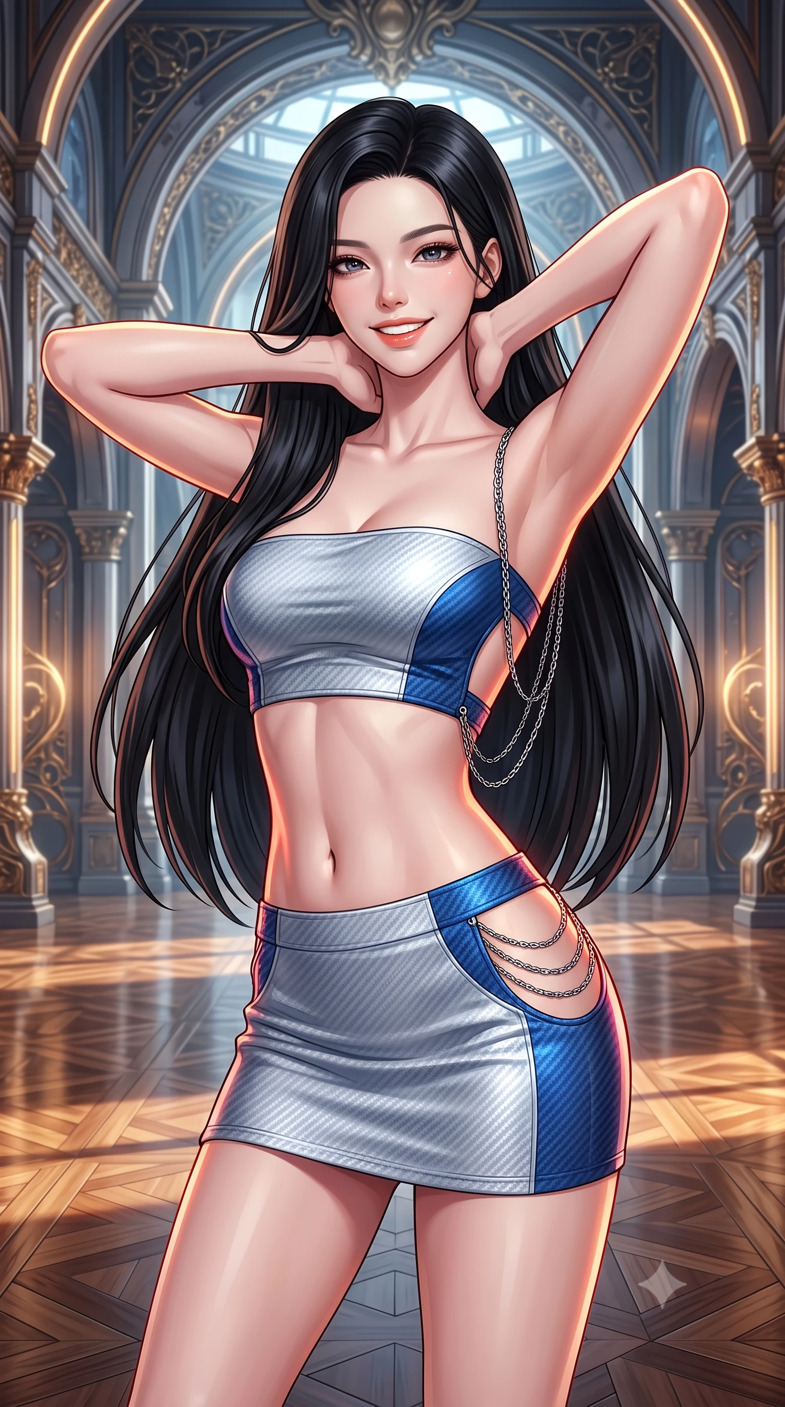score_9, masterpiece, best quality, ultra-detailed, high-budget anime keyframe, semi-realistic 3D game render, editorial fashion photography, tasteful artistic composition, Korean woman. close-up cowboy shot from the waist and thighs up, the character dominates the composition, filling the frame with her large presence. resting both hands lightly behind her neck with elbows raised, arching her spine to highlight her narrow waist, flat midriff, and breathtaking collarbones while twisting her slender torso in an alluring contrapposto stance, fiber-optic gold filigree and crimson velvet light wrapping around her narrow waist and curvy hips. The surrounding environment is rendered in vivid detail and crisp panoramic clarity: detailed anime keyframe lines, rich fabric textures, and monumental cyber-baroque architecture in razor-sharp precision. She has an exceptionally elegant, slender, and willowy female figure with an ultra-slim waist, flat toned midriff, narrow ribcage, and sculpted feminine hips creating an alluring, slim hourglass silhouette without bulk. sharp v-shaped jawline, high-bridge nose, intricate jewel-like sparkling eyes with depth, thick eyelashes, glossy parted lips with a natural peach sheen, bright cheerful beaming smile with an enchanting and coquettish sensual glint, exuding both youthful cute charm and seductive allure, flawlessly proportioned anatomical accuracy, strict slender model proportions, natural body alignment, perfectly sculpted long slender limbs, ultra-slim waistline, clean dynamic posture without body distortion. wearing an ultra-cropped tech-wear bandeau top paired with a micro mini skirt revealing her flat toned midriff in Shackleton lunar ice silver and Earthrise cobalt, woven from structured carbon-fiber jacquard with rich textural depth, accented with an open-back drape framed by falling strands of delicate chrome chains, the precision-cut side openings and low-back scoop framing her graceful spine and the sensual sweep of her slim, toned hips. illuminated by polished parquet reflection bounce and sharp gold-plasma rim lights sculpting her jawline, narrow waist, and curvy hips. highly saturated vibrant anime colors, detailed shading with soft gradients, rich glossy textures, high-contrast stereoscopic depth, volumetric dynamic lighting, master piece, 9:16 ratio