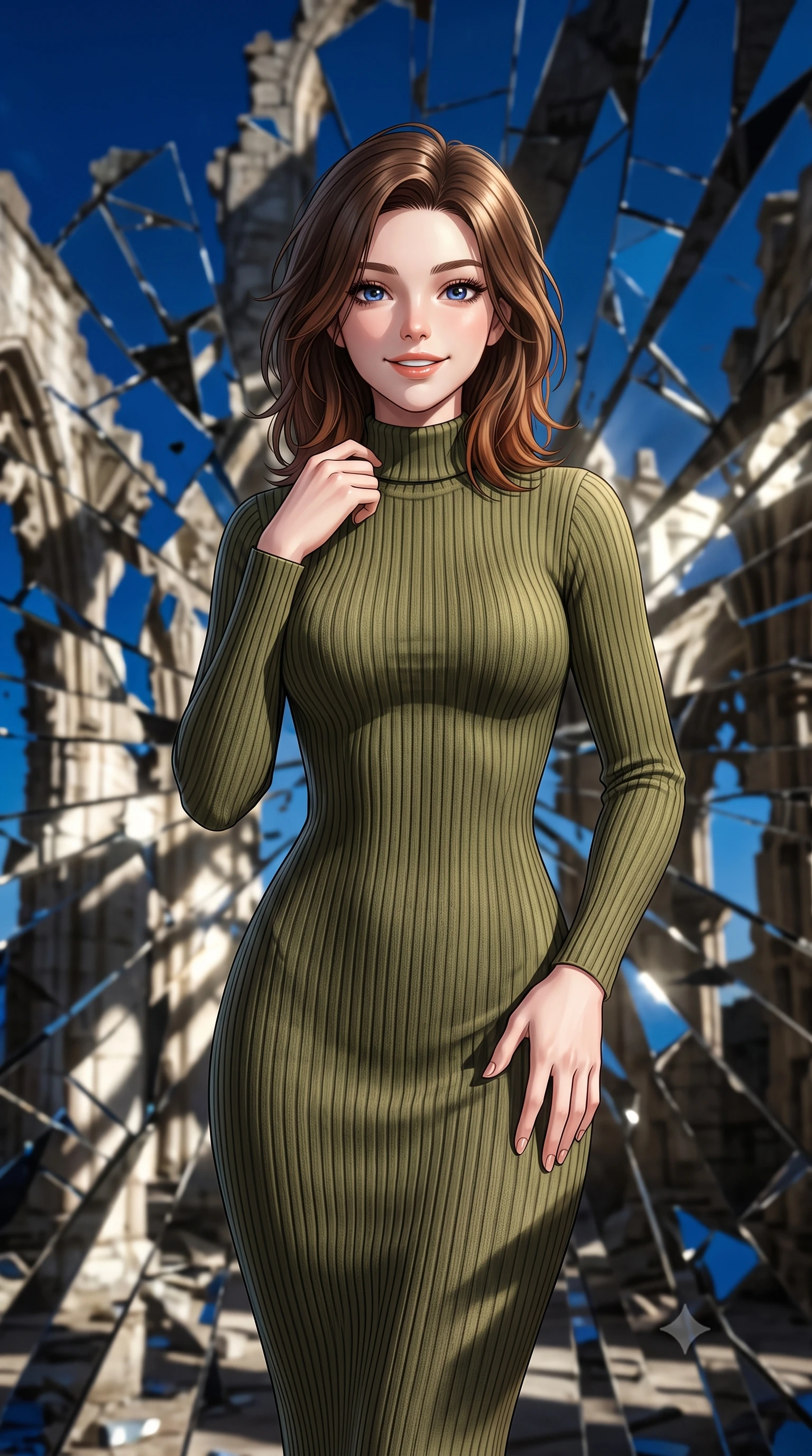 score_9, masterpiece, best quality, ultra-detailed, high-budget anime keyframe, editorial fashion photography, tasteful artistic composition, Korean woman. close-up cowboy shot from the waist and thighs up, the character dominates the composition, filling the frame with her large presence, background elements kept in soft focus. Gazing ahead with a happy, optimistic expression and a gentle smile. set against a soft-focus background of standing inside an ancient Gothic ruin where the walls are made of shattered mirror shards, reflecting fragmented pieces of a deep blue sky. She has an exceptionally elegant, slender, and willowy female figure with a highly-defined ultra-slim waist, a gracefully sculpted slender torso, and a refined slim-fit silhouette that contours her form. sharp v-shaped jawline, high-bridge nose, intricate jewel-like eyes with depth, thick eyelashes, glossy lips with a natural sheen. wearing a form-fitting olive green ribbed-knit midi dress with a high collar, contouring her willowy torso and narrow waist. bright sun rays bouncing off the broken mirrors, creating sharp, chaotic beams of light and high-contrast shadows. 2k, ultra detail, master piece, 9:16 ratio