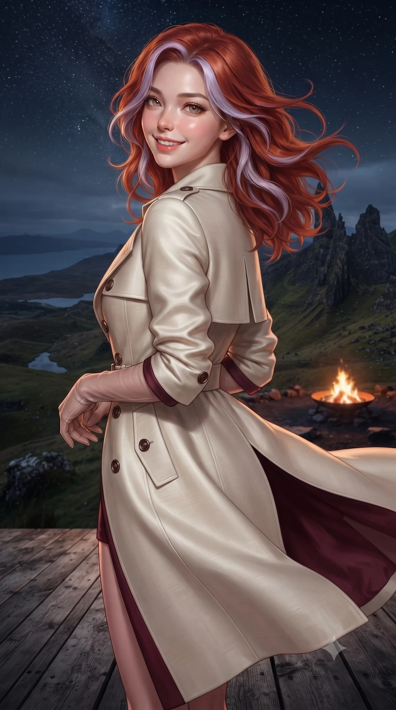 score_9, masterpiece, best quality, ultra-detailed, high-budget anime keyframe, editorial fashion photography, tasteful artistic composition, Caucasian woman. close-up cowboy shot from the waist and thighs up, the character dominates the composition, filling the frame with her large presence. posing in an alluring rear three-quarter angle, looking over a bare shoulder with parted glossy lips, her hips cocked back to highlight her slim hourglass curve while standing poised on the weathered Scottish larch deck high above the otherworldly pinnacles of the Quiraing, arching her lower back as Atlantic winds whip her silhouette. The surrounding environment is rendered in vivid detail and crisp panoramic clarity: detailed outfit texture, windblown fabric drape, and modern Scottish engineering in high resolution. She has an exceptionally elegant, slender, and willowy female figure with an ultra-slim waist, flat toned midriff, narrow ribcage, and sculpted feminine hips creating an alluring, slim hourglass silhouette without bulk. sharp v-shaped jawline, high-bridge nose, intricate jewel-like sparkling eyes with depth, thick eyelashes, glossy parted lips with a natural peach sheen, bright cheerful beaming smile with an enchanting and coquettish sensual glint, exuding both youthful cute charm and seductive allure, flawlessly proportioned anatomical accuracy, strict slender model proportions, natural body alignment, perfectly sculpted long slender limbs, ultra-slim waistline, clean dynamic posture without body distortion. wearing a structured Tulum raw silk safari trench coat with horn buttons and storm flaps in Belvedere ivory pearl and Habsburg bordeaux wine, crafted from bespoke double-faced cashmere with an exceptionally soft tactile finish, complemented by sheer opera-length evening gloves tracing her slender arms, the impeccably tailored cut draping gracefully along her slender figure with aristocratic poise. bathed in the contrast of warm 2100K outdoor fire pit flames and brilliant unpolluted Dark Sky Reserve starlight. ultra-reflective glossy finish, specular highlights, rich textural contrasts, high-contrast stereoscopic depth, volumetric dynamic lighting, 2k, ultra detail, master piece, 9:16 ratio