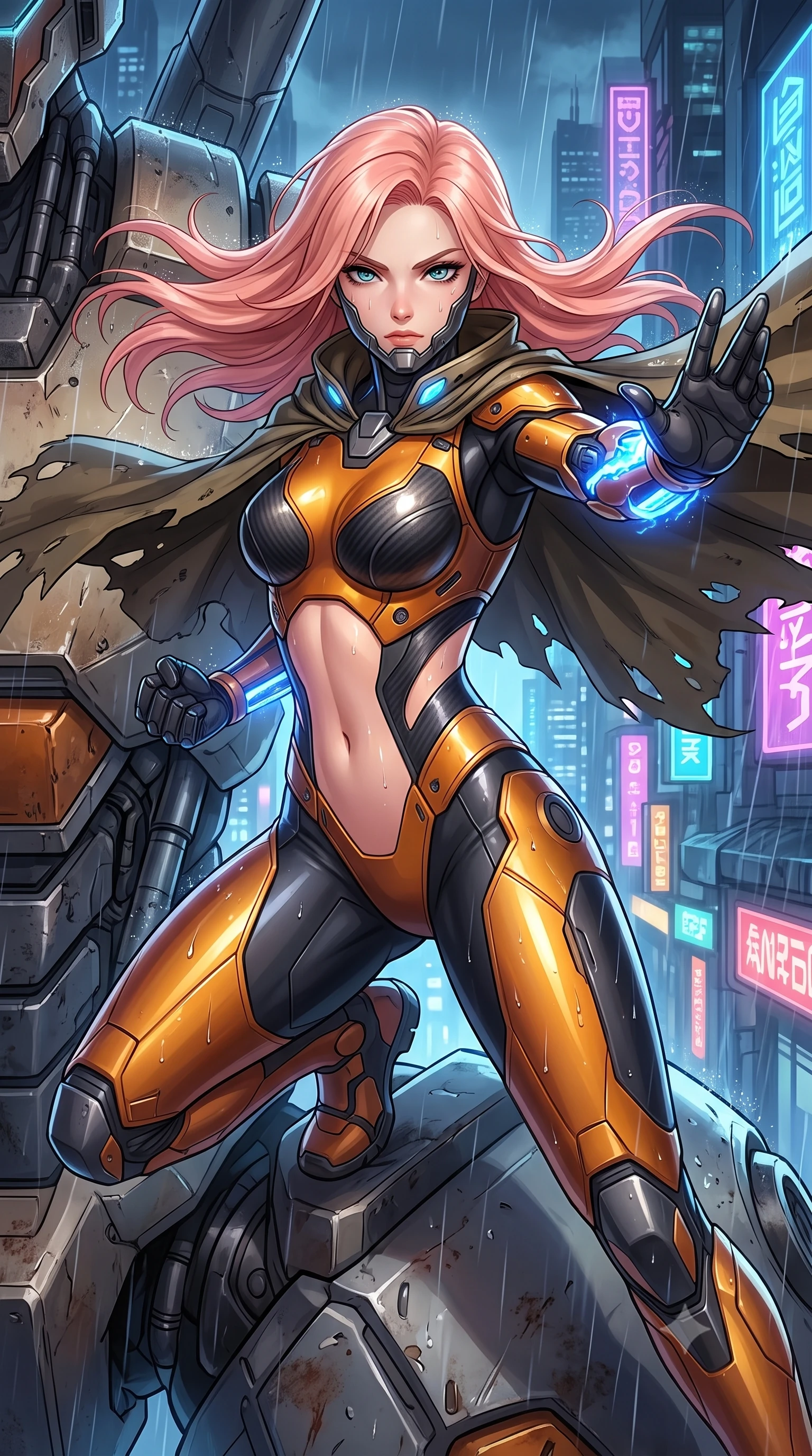 score_9, masterpiece, best quality, ultra-detailed, high-budget anime keyframe, semi-realistic 3D game render, editorial fashion photography, tasteful artistic composition, Japanese woman. close-up cowboy shot from the waist and thighs up, the character dominates the composition, filling the frame with her large presence. twisting her upper body in a dynamic S-curve martial arts stance, cybernetic elbow dampers glowing with blue energy as she aims a focused palm strike while stepping along the giant mech's shoulder armor with wind whipping through her dark hair and tactical cape. The surrounding environment is rendered in vivid detail and crisp panoramic clarity. sharp hydraulic piston seams, rain droplet tracks on skin, and battle-scuffed armor details in high clarity. She has an exceptionally elegant, slender, and willowy female figure with an ultra-slim waist, a gracefully sculpted slender torso, toned flat midriff, and a refined slim silhouette. sharp v-shaped jawline, high-bridge nose, intricate jewel-like eyes with depth, thick eyelashes, glossy lips with a natural sheen, fierce and resolute heroine expression, flawlessly proportioned anatomical accuracy, strict slender model proportions, natural body alignment, perfectly sculpted long slender limbs, ultra-slim waistline, clean dynamic posture without body distortion. wearing a sleek titanium half-face combat rebreather guard protecting her lower jaw while leaving her expressive eyes and long hair flowing freely, paired with a form-contouring high-mobility battle-suit featuring sculpted carbon chest plating, diagonal midriff ventilation cutouts, and kinetic knee vambraces in molten amber-gold carbon cuirass with dark gunmetal weave, formed from high-gloss patent carbon-plating with specular dystopian chiaroscuro reflections, featuring a sleek aerodynamic collar framed by subtle glowing cybernetic status LEDs, the precision-cut daring openings accentuating her delicate midriff, graceful bare collarbones, and ultra-slim feminine waistline. illuminated by crisp specular highlights sharply tracing her sculpted flat midriff, waist, and long slender legs. rich saturated anime colors with glowing neon highlights, detailed shading with soft gradients, rich glossy textures, high-contrast stereoscopic depth, volumetric dynamic lighting, master piece, 9:16 ratio