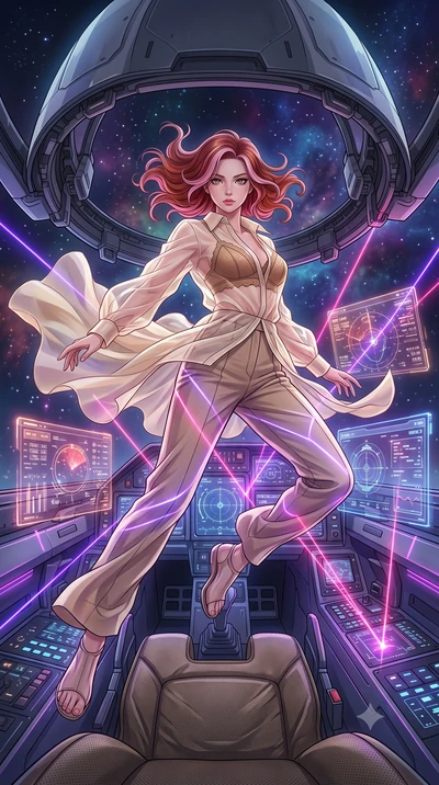 score_9, masterpiece, best quality, ultra-detailed, high-budget anime keyframe, editorial fashion photography, tasteful artistic composition, Caucasian woman, strictly human ears. low angle full-body shot from head to toe showing her feet, filling th