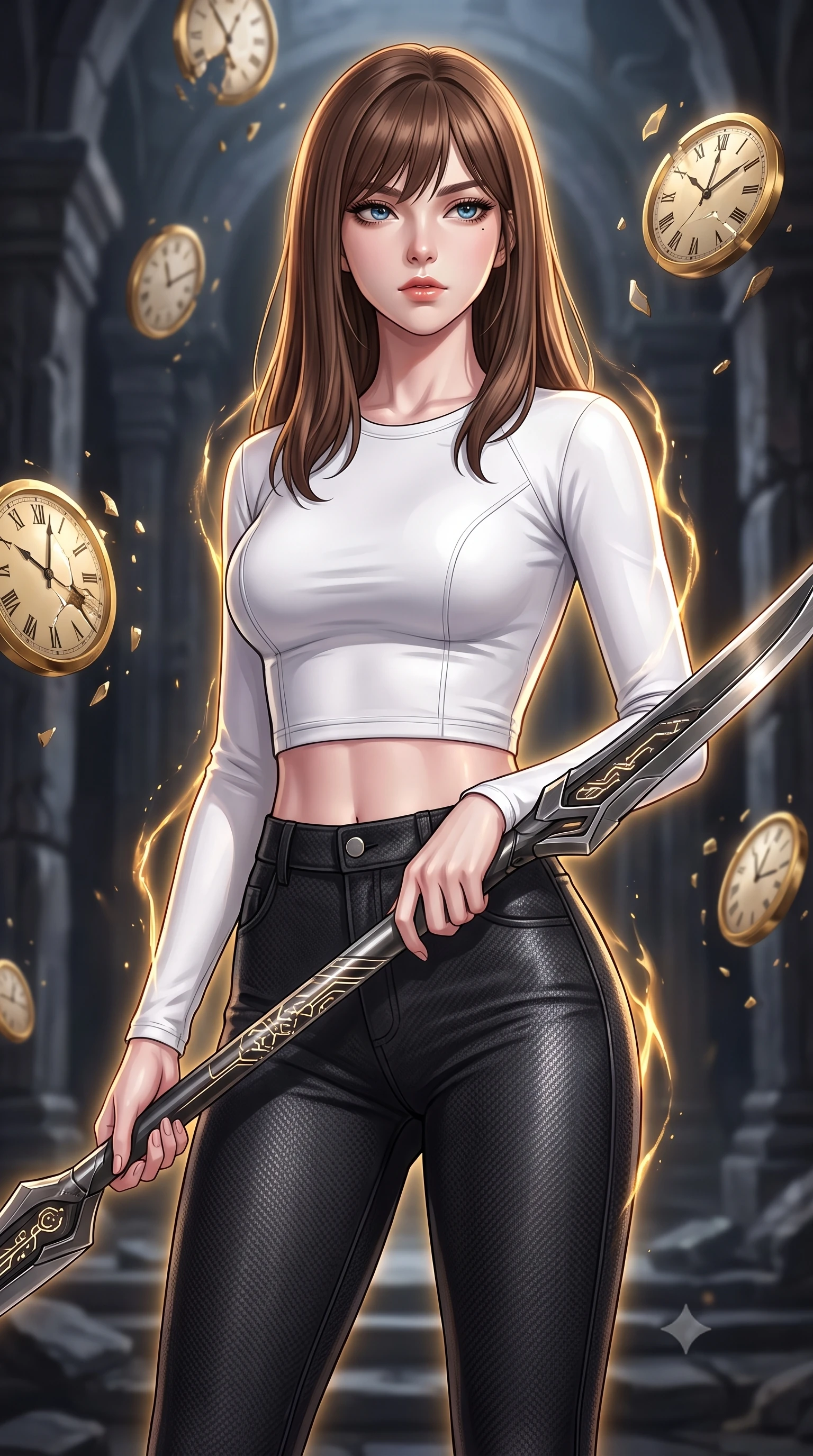 score_9, masterpiece, best quality, ultra-detailed, high-budget anime keyframe, editorial fashion photography, tasteful artistic composition, Korean woman. close-up cowboy shot from the waist and thighs up, the character dominates the composition, filling the frame with her large presence, background elements kept in soft focus. holding a deactivated nanotech glaive, looking past the camera with quiet, sharp focus and a composed expression, the background shows a soft-focus a crumbling obsidian sanctuary where shattered golden clocks float in mid-air. She has an exceptionally elegant, slender, and willowy female figure with an ultra-slim waist, a gracefully sculpted slender torso, and a refined silhouette. sharp v-shaped jawline, high-bridge nose, intricate jewel-like eyes with depth, thick eyelashes, glossy lips with a natural sheen. wearing a tailored body-hugging long-sleeve tactical crop top in pure white, paired with high-waisted black carbon-weave skinny pants. flickering gold temporal currents tracing her silhouette with warm key light. highly saturated vibrant anime colors, detailed shading with soft gradients, rich glossy textures, high-contrast stereoscopic depth, volumetric dynamic lighting, master piece, 9:16 ratio