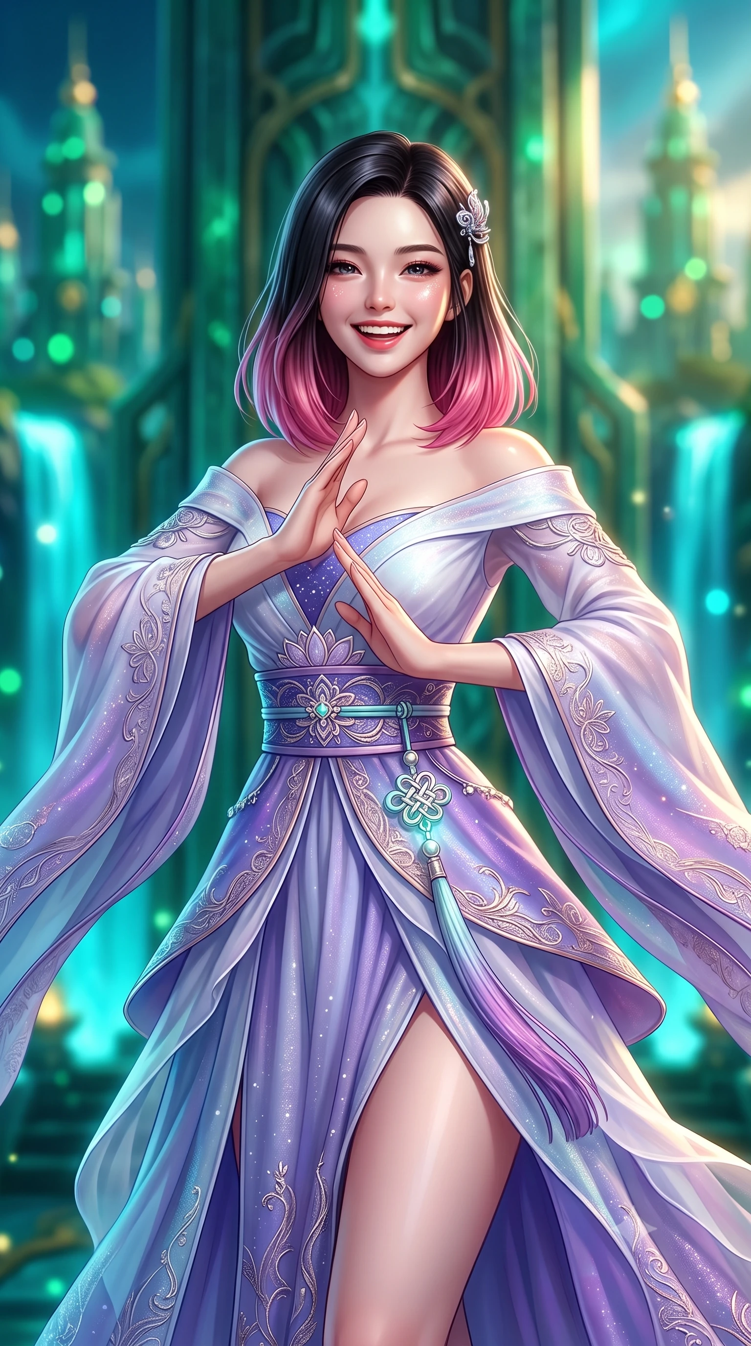 score_9, masterpiece, best quality, ultra-detailed, high-budget anime keyframe, semi-realistic 3D game render, editorial fashion photography, tasteful artistic composition, Korean woman. close-up cowboy shot from the waist and thighs up, the character dominates the composition, filling the frame with her large presence. laughing softly with genuine, enchanting warmth, eyes crinkling sweetly as specular highlights illuminate her cheeks while arching her spine in a fluid martial arts greeting stance before the colossal biomechanical jade palace gates. The composition keeps background elements in soft focus with creamy bokeh. bioluminescent turquoise waterfalls and towering jade palace spires blurred into glowing emerald, teal, and gold bokeh. She has an exceptionally elegant, slender, and willowy female figure with an ultra-slim waist, a gracefully sculpted slender torso, toned flat midriff, and a refined slim silhouette. sharp v-shaped jawline, high-bridge nose, intricate jewel-like eyes with depth, thick eyelashes, glossy lips with a natural sheen, captivating and magnetic expression, flawlessly proportioned anatomical accuracy, strict slender model proportions, natural body alignment, perfectly sculpted long slender limbs, ultra-slim waistline, clean dynamic posture without body distortion. wearing a celestial lotus-inspired layered chiffon gown with an exposed clavicle bodice in celestial opal white and stardust violet, woven from fine mulberry silk with metallic thread embroidery, accented with a glowing metallic norigae knot charm and silver hairpin, the form-contouring material adhering flawlessly to her sculpted flat midriff and slender torso, emphasizing her long leg lines and perfectly proportioned willowy build. surrounded by a royal, mythical, and deeply revered dragon palace guardian princess aura. highly saturated vibrant anime colors, detailed shading with soft gradients, rich glossy textures, high-contrast stereoscopic depth, volumetric dynamic lighting, master piece, 9:16 ratio