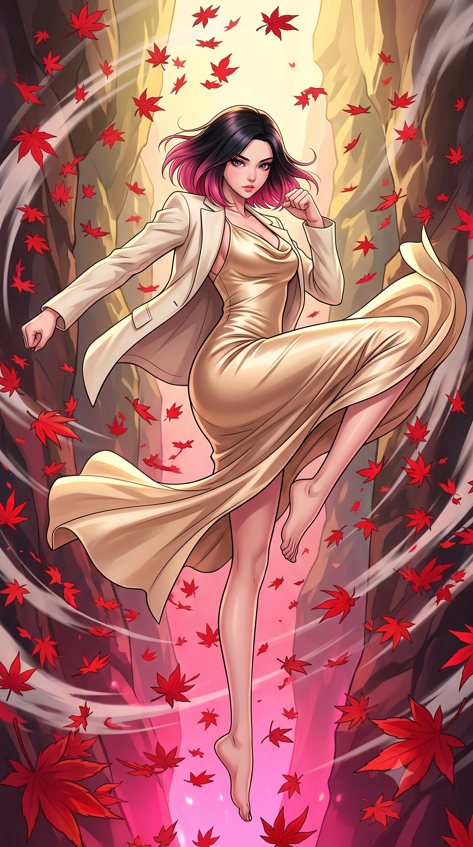 score_9, masterpiece, best quality, ultra-detailed, high-budget anime keyframe, clean line-art, cel-shading, Korean woman. low angle full-body shot from head to toe showing her feet, filling the entire 9:16 vertical frame with her statuesque presence, stretching her vertical silhouette. spinning mid-air with intense momentum to deliver a decisive strike within a narrow gorge filled with thousands of red maple leaves whipping in a powerful wind tunnel. She has a statuesque 8.5-heads proportion, an exceptionally tall, slender and willowy model-like build with impossibly long legs and a highly sculpted ultra-slim waist. sharp v-shaped jawline, high-bridge nose, intricate jewel-like eyes with depth, thick eyelashes, glossy lips with a natural sheen. wearing the lightweight fabric rippling and billowing dramatically with her movement, a slim-fit champagne gold cowl-neck satin slip dress that drapes and clings to her slender figure, layered with a cream linen blazer. dramatic contrast of hot pink furnace glow from below and cool golden light from above. highly saturated vibrant anime colors, intense vivid color palette, volumetric dynamic lighting, 2k, ultra detail, master piece, 9:16 ratio