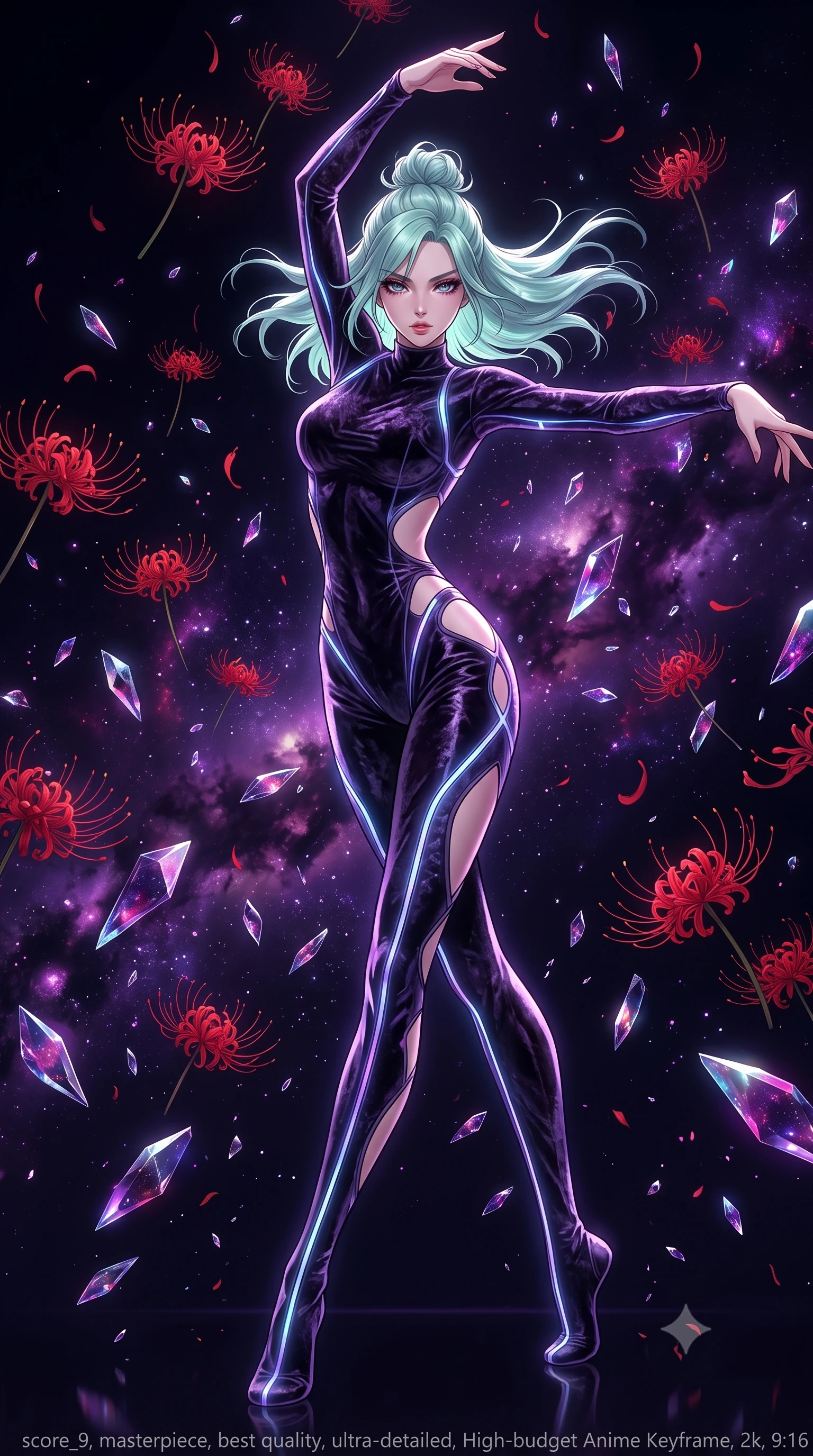 score_9, masterpiece, best quality, ultra-detailed, High-budget Anime Keyframe, East Asian woman. Dynamic full-body shot stretching the vertical silhouette to the limit. Scenario 262: dancing amidst falling red spider lilies inside a dark void filled with floating crystal shards reflecting purple nebulae. Her presence is magnetic and overpowering in this high-budget anime scene. Outfit 262: a slim-fit crushed dark velvet second with a strategic side cut-outs and glowing LED seams. The clothing is designed to emphasize her exceptionally tall and slender 8-heads proportion. 8-heads proportion, towering silhouette, ultra-slim waist. sharp v-shaped jawline, intricate jewel-like eyes with depth, thick eyelashes, glossy lips. 2k, ultra detail, master piece, 9:16 ratio