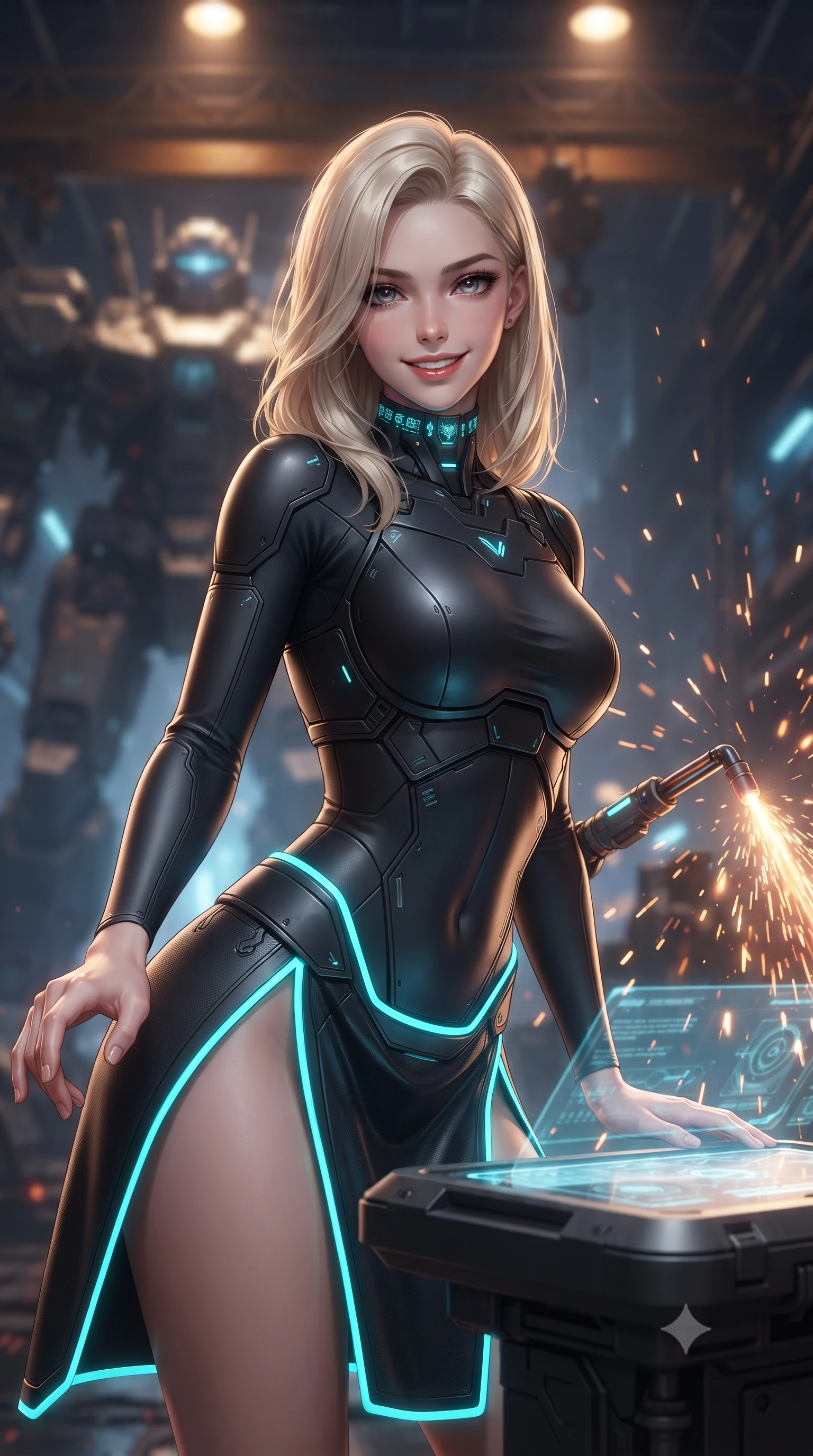 score_9, masterpiece, best quality, ultra-detailed, high-budget anime keyframe, editorial fashion photography, tasteful artistic composition, Caucasian woman. close-up cowboy shot from the waist and thighs up, the character dominates the composition, filling the frame with her large presence. resting both hands lightly on the holoscreen pedestal while leaning toward the lens with a teasing smirk, her tight combat suit hugging her narrow waist and feminine hip curve while twisting her slender torso in an alluring contrapposto stance, holding an illuminated plasma torch as sparks shower in the background. The background shows a soft-focus the colossal 50-meter steel mech skeleton and soaring hangar crane trusses blurred into industrial gunmetal, amber, and welding blue bokeh. She has an exceptionally elegant, slender, and willowy female figure with an ultra-slim waist, flat toned midriff, narrow ribcage, and sculpted feminine hips creating an alluring, slim hourglass silhouette without bulk. sharp v-shaped jawline, high-bridge nose, intricate jewel-like sparkling eyes with depth, thick eyelashes, glossy parted lips with a natural sheen, bright confident smile with an enchanting and coquettish sensual glint, exuding both youthful magnetic charm and sovereign high-tech allure, flawlessly proportioned anatomical accuracy, strict slender model proportions, natural body alignment, perfectly sculpted long slender limbs, ultra-slim waistline, clean dynamic posture without body distortion. wearing a cyber-samurai tactical suit featuring a shortened carbon chestplate and high-slit armored wrap skirt in matte obsidian black and glowing neon cyan trim, formed from supple thermal silicone composite adhering seamlessly like a second skin, complemented by a high-tech holographic choker projecting miniature glyphs, the high-waisted tailoring accentuating her ultra-slim waistline and the enchanting curve of her feminine hips with alluring dark charm. bathed in high-intensity arc-welding blue light pulses contrasting with warm halogen overhead lamps. ultra-reflective glossy finish, specular highlights, rich textural contrasts, high-contrast stereoscopic depth, volumetric dynamic lighting, 2k, ultra detail, master piece, 9:16 ratio