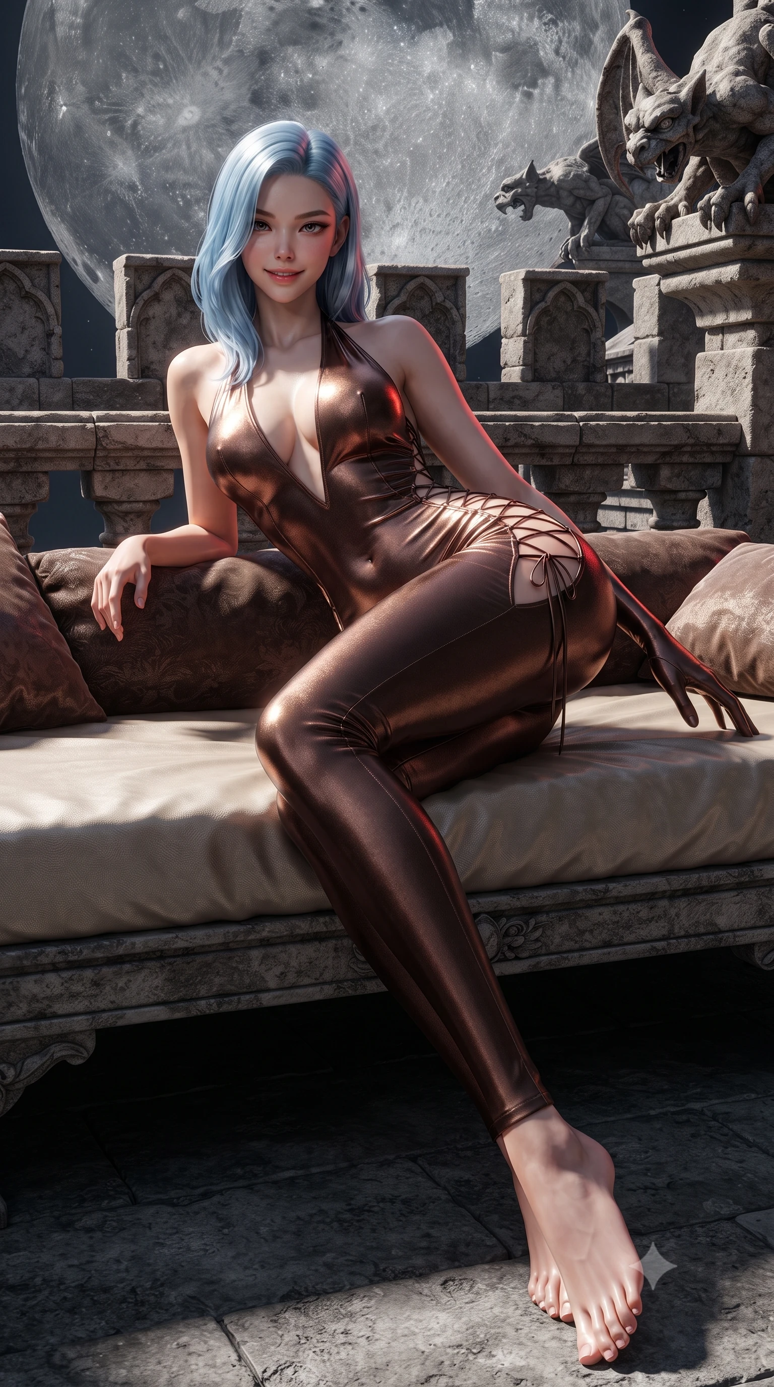 score_9, masterpiece, best quality, ultra-detailed, high-budget anime keyframe, editorial fashion photography, tasteful artistic composition, Korean woman. low angle full-body shot from head to toe showing her feet, filling the entire 9:16 vertical frame with her statuesque presence, stretching her vertical silhouette. lounging on the lavish daybed with legs crossed and hips angled toward the camera, displaying her toned midriff and long slender limbs with effortless siren poise while lounging on the stone balcony bench propped on one elbow, her flat midriff and statuesque 8.5-heads build commanding the nocturnal abyss. The surrounding environment is rendered in vivid detail and crisp panoramic clarity: sharp weathered stone crenelations, carved granite gargoyle claws, and lunar crater surface details in deep focus. She has an absolutely perfect, statuesque 8.5-heads proportion, an exceptionally tall and slender model-like female figure with impossibly long slender legs, an ultra-slim waist, a flat toned midriff, narrow delicate ribcage, and beautifully sculpted feminine hips creating a graceful, slim hourglass silhouette without any bulky heaviness. sharp v-shaped jawline, high-bridge nose, sparkling eyes with hypnotic seductive depth, thick curled eyelashes, glossy parted lips with a natural dewy peach sheen, alluring bedroom-eyes with an enchanting coquettish smile, exuding magnetic siren charisma and sophisticated glamour, flawlessly proportioned anatomical accuracy, strict slender model proportions, natural body alignment, perfectly sculpted long slender limbs, ultra-slim waistline, clean dynamic posture without body distortion. wearing a liquid metallic lamé plunge halterneck jumpsuit clinging like a second skin with high-cut side hip cutouts in sultry espresso bronze and metallic copper with velvet sheen, tailored from fine structural neoprene with crisp architectural edges and smooth contouring, finished with fine criss-cross lace-up side ties revealing tantalizing glimpses of her hip curve, the glove-like clinging cut tightly following the natural contour of her hips and long slender legs with youthful 8.5-heads elegance. illuminated by stone parapet reflection fill and sharp deep-crimson rim lights sculpting her jawline, flat midriff, and curvy hips. ultra-reflective glossy finish, specular highlights, rich textural contrasts, high-contrast stereoscopic depth, volumetric dynamic lighting, 2k, ultra detail, master piece, 9:16 ratio