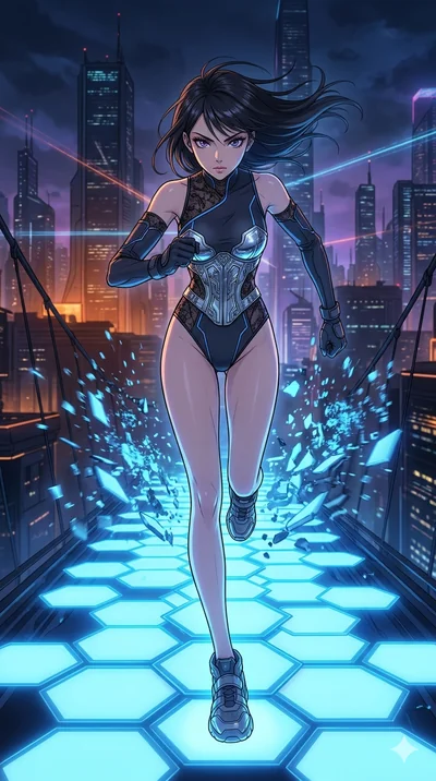 score_9, masterpiece, best quality, ultra-detailed, high-budget anime movie keyframe, cinematic anime lighting, intricate line art, Japanese anime girl. Low angle cowboy shot capturing a powerful motion and statuesque presence. dashing across a bridg