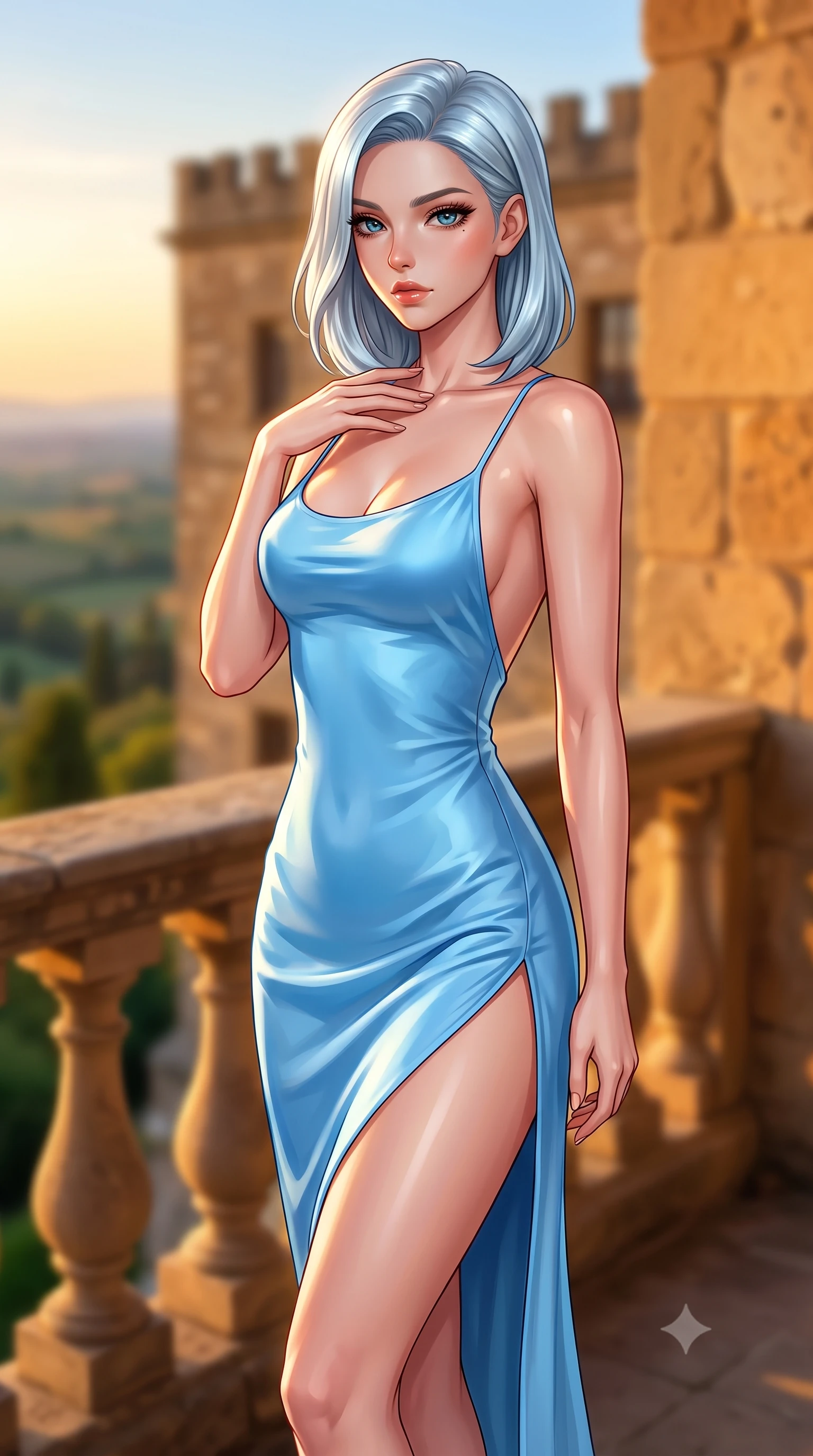 score_9, masterpiece, best quality, ultra-detailed, high-budget anime keyframe, editorial fashion photography, tasteful artistic composition, Korean woman. close-up cowboy shot from the waist and thighs up, the character dominates the composition, filling the frame with her large presence, background elements kept in soft focus. standing with one hand resting on her collarbone, looking at the viewer with bedroom-eyes the background shows a soft-focus a historic estate balustrade terrace looking down at a botanical valley at sunset. She has an exceptionally elegant, slender, and willowy female figure with an ultra-slim waist, a gracefully sculpted slender torso, and a refined silhouette. sharp v-shaped jawline, high-bridge nose, intricate jewel-like eyes with depth, thick eyelashes, glossy lips with a natural sheen. wearing a slim-fit lightweight silk slip dress in baby blue with a high side slit and a low-cut back. late afternoon sun casting a majestic golden glow over stone walls. highly saturated vibrant anime colors, detailed shading with soft gradients, rich glossy textures, high-contrast stereoscopic depth, volumetric dynamic lighting, master piece, 9:16 ratio