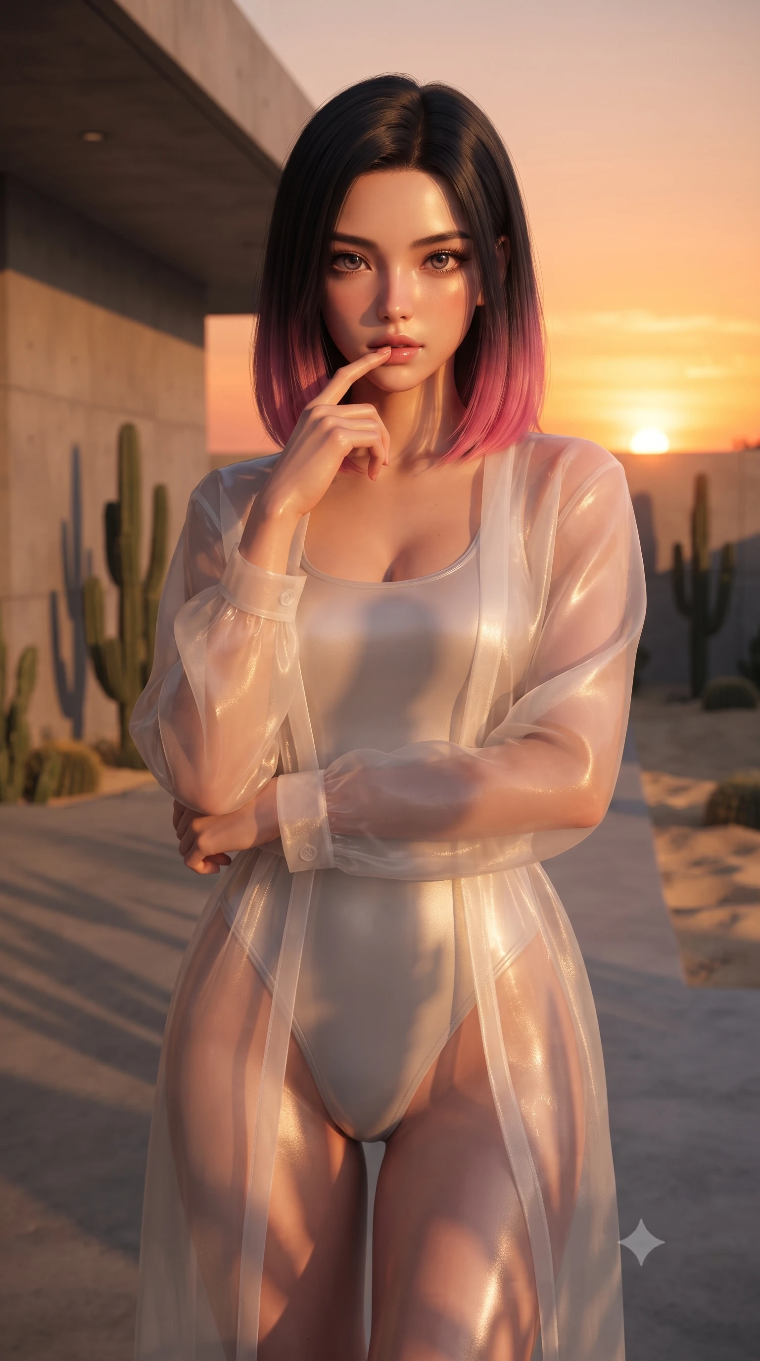 score_9, masterpiece, best quality, ultra-detailed, high-budget anime keyframe, editorial fashion photography, tasteful artistic composition, Korean woman woman. close-up cowboy shot from the waist and thighs up, the character dominates the composition, filling the frame with her large presence, background elements kept in soft focus. pressing one finger to her bottom lip in a thoughtful, seductive gesture under the warm sun the background shows a soft-focus a patio of a modern concrete villa, with minimalist cacti and sand landscaping. She has an exceptionally elegant, slender, and willowy female figure with an ultra-slim waist, a gracefully sculpted slender torso, and a refined silhouette. sharp v-shaped jawline, high-bridge nose, intricate jewel-like eyes with depth, thick eyelashes, glossy lips with a natural sheen. wearing a form-contouring semi-transparent white organza resort cover-up worn over a form-fitting one-piece swimsuit. the dramatic orange glow of a sunset casting long cactus shadows. ultra-reflective glossy finish, specular highlights, metallic sheen, high-contrast stereoscopic depth, volumetric dynamic lighting, 2k, ultra detail, master piece, 9:16 ratio