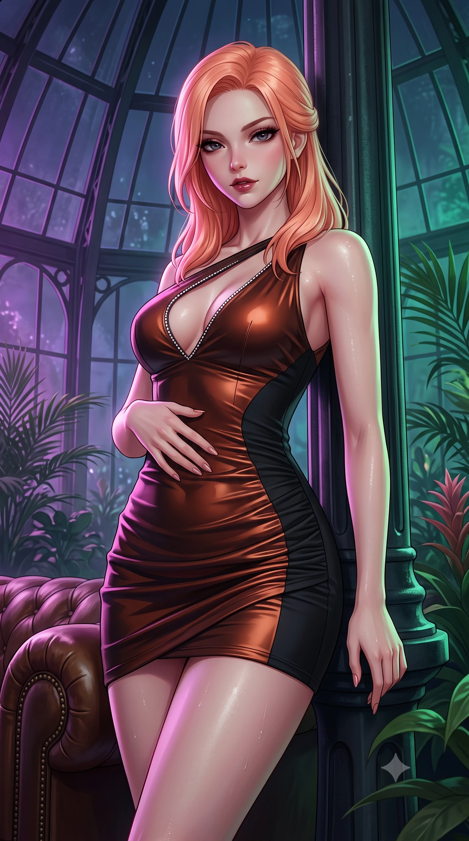 score_9, masterpiece, best quality, ultra-detailed, high-budget anime keyframe, semi-realistic 3D game render, editorial fashion photography, tasteful artistic composition, Japanese woman. close-up cowboy shot from the waist and thighs up, the character dominates the composition, filling the frame with her large presence. leaning back against the leather lounge with relaxed seductive grace, one hand resting on her flat midriff as her narrow waist and curvy hips command the frame while leaning against a soaring cast-iron structural rib with hips cocked back, casting a smoldering bedroom-gaze through tropical night mist. The surrounding environment is rendered in vivid detail and crisp panoramic clarity. detailed outfit drape, moisture sheen on skin, and Victorian glasshouse architecture in high clarity. She has an exceptionally elegant, slender, and willowy female figure with an ultra-slim waist, flat toned midriff, narrow ribcage, and sculpted feminine hips creating an alluring, slim hourglass silhouette without bulk. sharp v-shaped jawline, high-bridge nose, intricate jewel-like dark sparkling eyes with dangerous depth, thick curled eyelashes, glossy parted lips with a rich wine sheen, smoldering seductive half-smile with bedroom-eyes, exuding effortless superiority and intoxicating dark allure, flawlessly proportioned anatomical accuracy, strict slender model proportions, natural body alignment, perfectly sculpted long slender limbs, ultra-slim waistline, clean dynamic posture without body distortion. wearing a liquid-look vinyl mini dress with an asymmetric neckline and hip-defining side ruching in dark burnt copper and matte black, tailored from fine lightweight midnight wool crepe with crisp architectural structure, finished with subtle crystal rhinestones lining the plunging neckline, the form-fitting cut adhering flawlessly to her sculpted flat midriff and slender torso, emphasizing her long leg lines and perfectly proportioned willowy build. bathed in moody ultraviolet and deep emerald ambient backlights filtering through soaring glass panes. highly saturated vibrant anime colors, detailed shading with soft gradients, rich glossy textures, high-contrast stereoscopic depth, volumetric dynamic lighting, master piece, 9:16 ratio