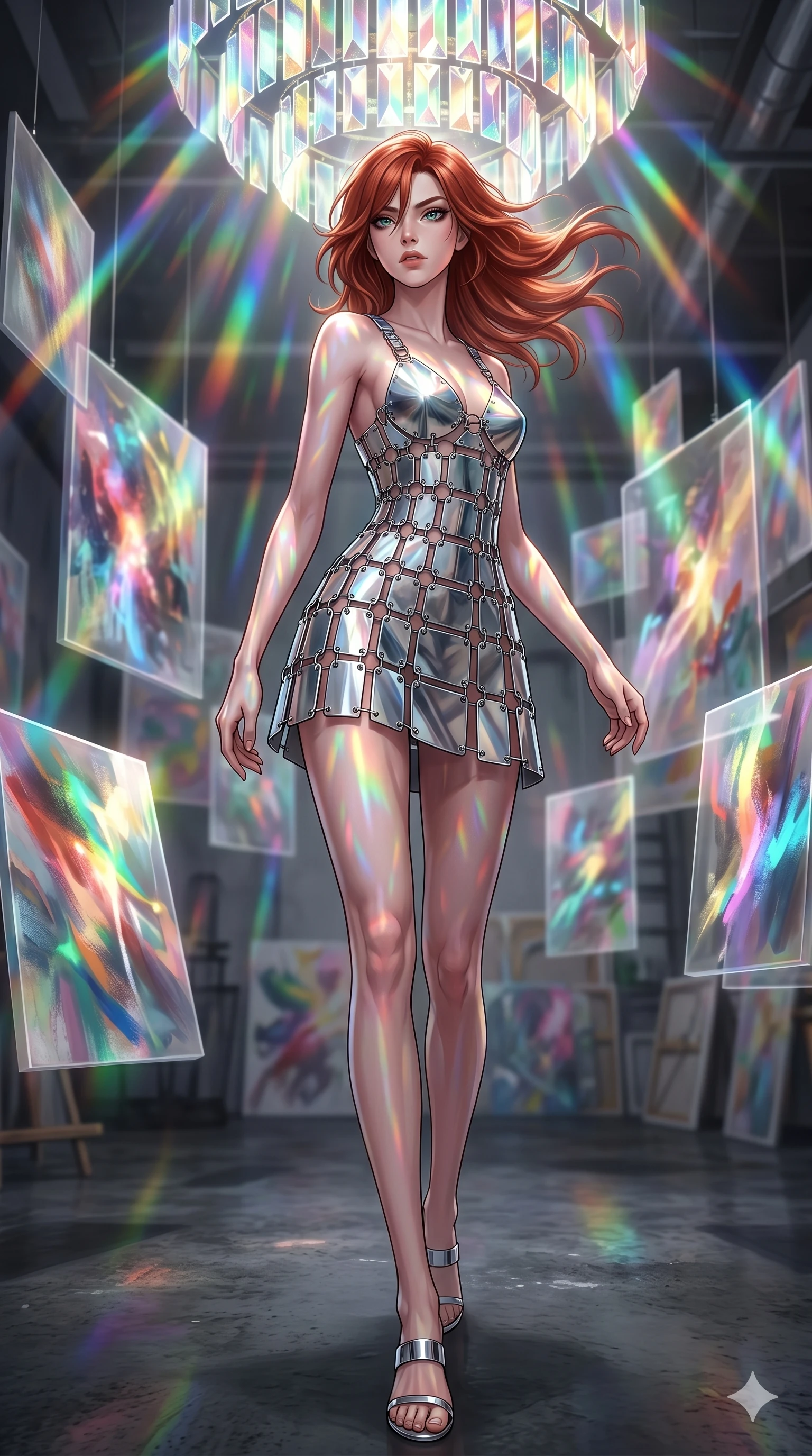 score_9, masterpiece, best quality, ultra-detailed, high-budget anime keyframe, editorial fashion photography, tasteful artistic composition, Korean woman. low angle full-body shot from head to toe showing her feet, filling the entire 9:16 vertical frame with her statuesque presence, stretching her vertical silhouette. Pivoting sharply mid-step with hair sweeping dramatically behind inside an artist's studio filled with floating canvases showing moving abstract light painting. She has an absolutely perfect 8-heads proportion, an exceptionally tall and slender female figure with impossibly long slender legs and an ultra-slim waist. V-shaped jawline, high-bridge nose, intricate jewel-like eyes with depth, thick eyelashes, glossy lips with a natural sheen. wearing a mini dress made of interconnected silver-chrome plates and small metal rings, forming a structured geometric silhouette. illuminated by cascading rainbow prismatic light refracting through crystal overhead and casting patterns on her skin. 2k, ultra detail, master piece, 9:16 ratio