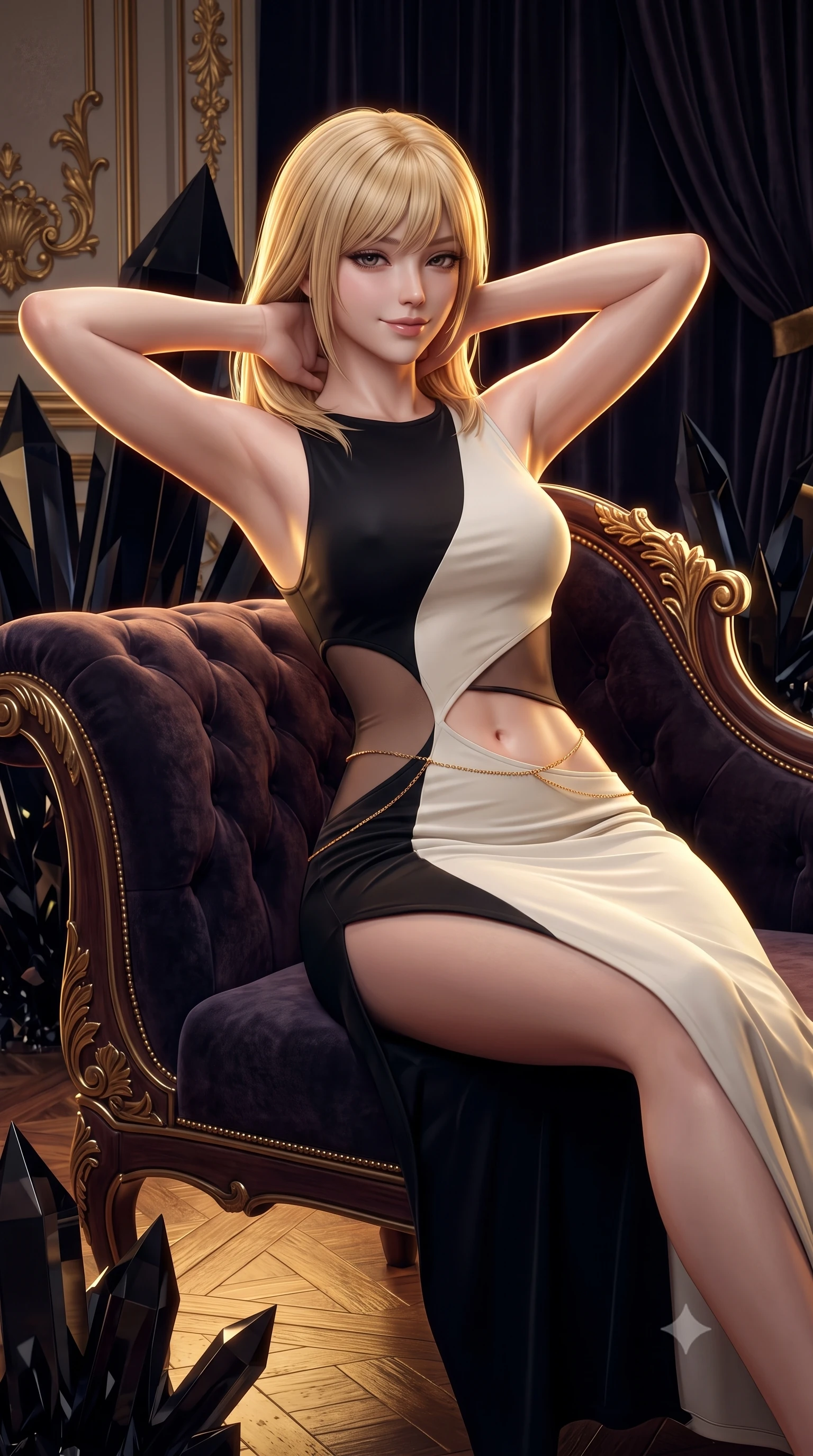 score_9, masterpiece, best quality, ultra-detailed, high-budget anime keyframe, semi-realistic 3D game render, editorial fashion photography, tasteful artistic composition, Japanese woman. close-up cowboy shot from the waist and thighs up, the character dominates the composition, filling the frame with her large presence. resting both hands lightly behind her neck with elbows raised, arching her spine to highlight her narrow waist, flat midriff, and breathtaking collarbones while lounging across an ornate velvet-upholstered chaise lounge, her long slender legs and hourglass silhouette commanding the nocturnal hall. The surrounding environment is rendered in vivid detail and crisp panoramic clarity: sharp black crystal prism facets, gilded gesso acanthus leaf carvings, and deep velvet curtain folds in deep focus. She has an exceptionally elegant, slender, and willowy female figure with an ultra-slim waist, flat toned midriff, narrow ribcage, and sculpted feminine hips creating an alluring, slim hourglass silhouette without bulk. sharp v-shaped jawline, high-bridge nose, sparkling eyes with hypnotic seductive depth, thick curled eyelashes, glossy parted lips with a natural dewy peach sheen, alluring bedroom-eyes with an enchanting coquettish smile, exuding magnetic siren charisma and sophisticated glamour, flawlessly proportioned anatomical accuracy, strict slender model proportions, natural body alignment, perfectly sculpted long slender limbs, ultra-slim waistline, clean dynamic posture without body distortion. wearing a sculptural liquid jersey column dress with a dramatic hip-high side slit and asymmetrical cutout waist darts in dual-tone high-contrast avant-garde monochrome, made of semi-opaque stretch illusion mesh with soft shadowy contours, accented with a dainty gold belly chain resting across her flat midriff and curving hips, the form-contouring silhouette accentuating her sculpted flat midriff, narrow delicate ribcage, and gracefully curvy hips with intoxicating allure. illuminated by parquet floor reflection fill and sharp golden rim lights defining her razor-sharp jawline, narrow waist, and curvy hips. highly saturated vibrant anime colors, detailed shading with soft gradients, rich glossy textures, high-contrast stereoscopic depth, volumetric dynamic lighting, master piece, 9:16 ratio
