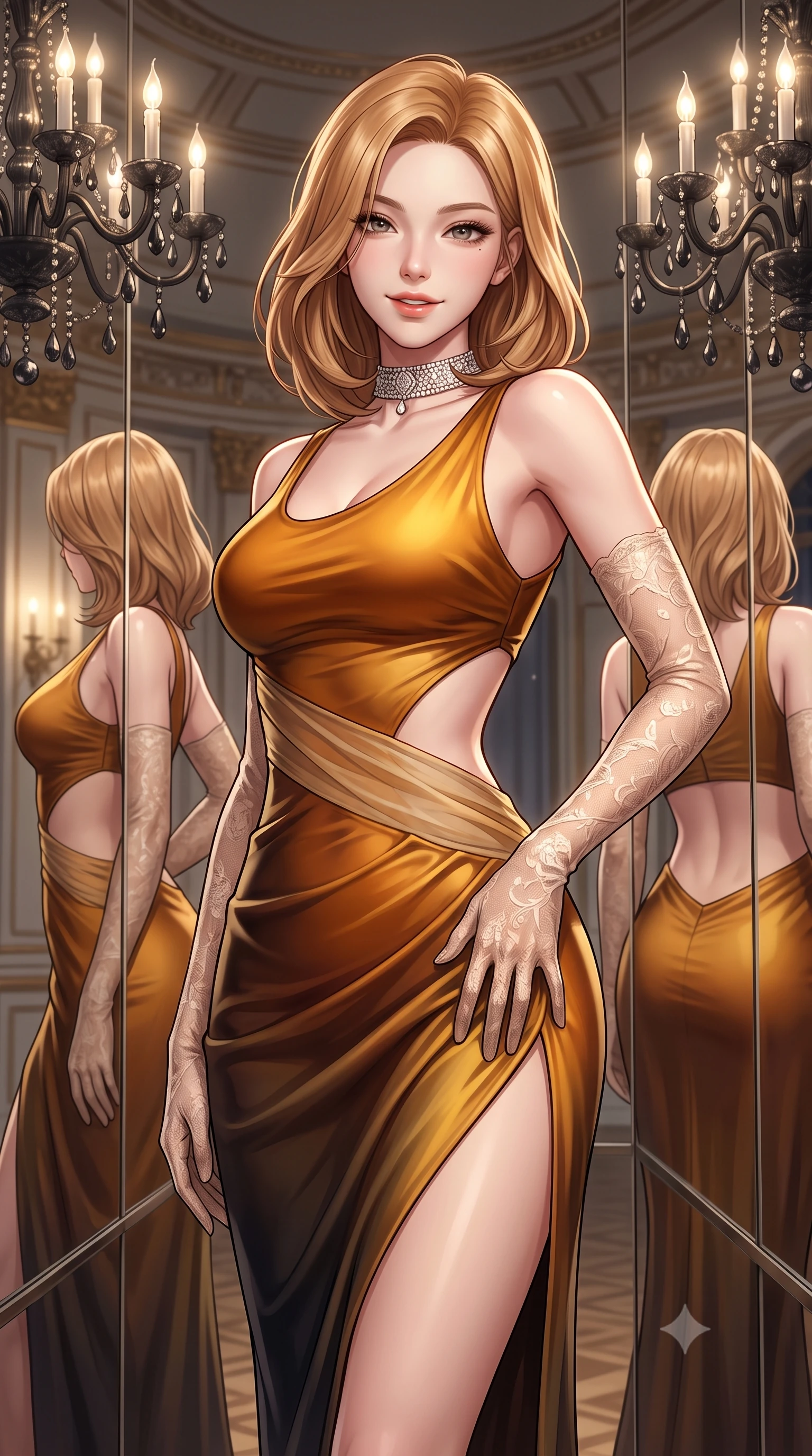 score_9, masterpiece, best quality, ultra-detailed, high-budget anime keyframe, semi-realistic 3D game render, editorial fashion photography, tasteful artistic composition, Korean woman. close-up cowboy shot from the waist and thighs up, the character dominates the composition, filling the frame with her large presence. tilting her head with a teasing half-smile, running one hand slowly down the side of her hip in a flirtatious S-curve as ambient light caresses her silhouette while twisting her slender torso in an alluring S-curve, mirrored walls reflecting her sculpted flat midriff, narrow waist, and curvaceous hips. The surrounding environment is rendered in vivid detail and crisp panoramic clarity: detailed satin slip gown drape, diamond choker shine, and palatial ballroom architecture in high resolution. She has an exceptionally elegant, slender, and willowy female figure with an ultra-slim waist, flat toned midriff, narrow ribcage, and sculpted feminine hips creating an alluring, slim hourglass silhouette without bulk. sharp v-shaped jawline, high-bridge nose, sparkling eyes with hypnotic seductive depth, thick curled eyelashes, glossy parted lips with a natural dewy peach sheen, alluring bedroom-eyes with an enchanting coquettish smile, exuding magnetic siren charisma and sophisticated glamour, flawlessly proportioned anatomical accuracy, strict slender model proportions, natural body alignment, perfectly sculpted long slender limbs, ultra-slim waistline, clean dynamic posture without body distortion. wearing a sculptural liquid jersey column dress with a dramatic hip-high side slit and asymmetrical cutout waist darts in warm amber honey and antique gold leaf with dark shadow gradients, made of sheer gossamer chiffon that drapes softly against skin with airy translucence, complemented by sheer opera-length lace evening gloves tracing her slender arms, the precision-cut side openings and low-back scoop framing her graceful spine and the sensual sweep of her slim, toned hips. bathed in the glittering amber-and-gold brilliance of black-crystal chandelier candle bulbs. highly saturated vibrant anime colors, detailed shading with soft gradients, rich glossy textures, high-contrast stereoscopic depth, volumetric dynamic lighting, master piece, 9:16 ratio