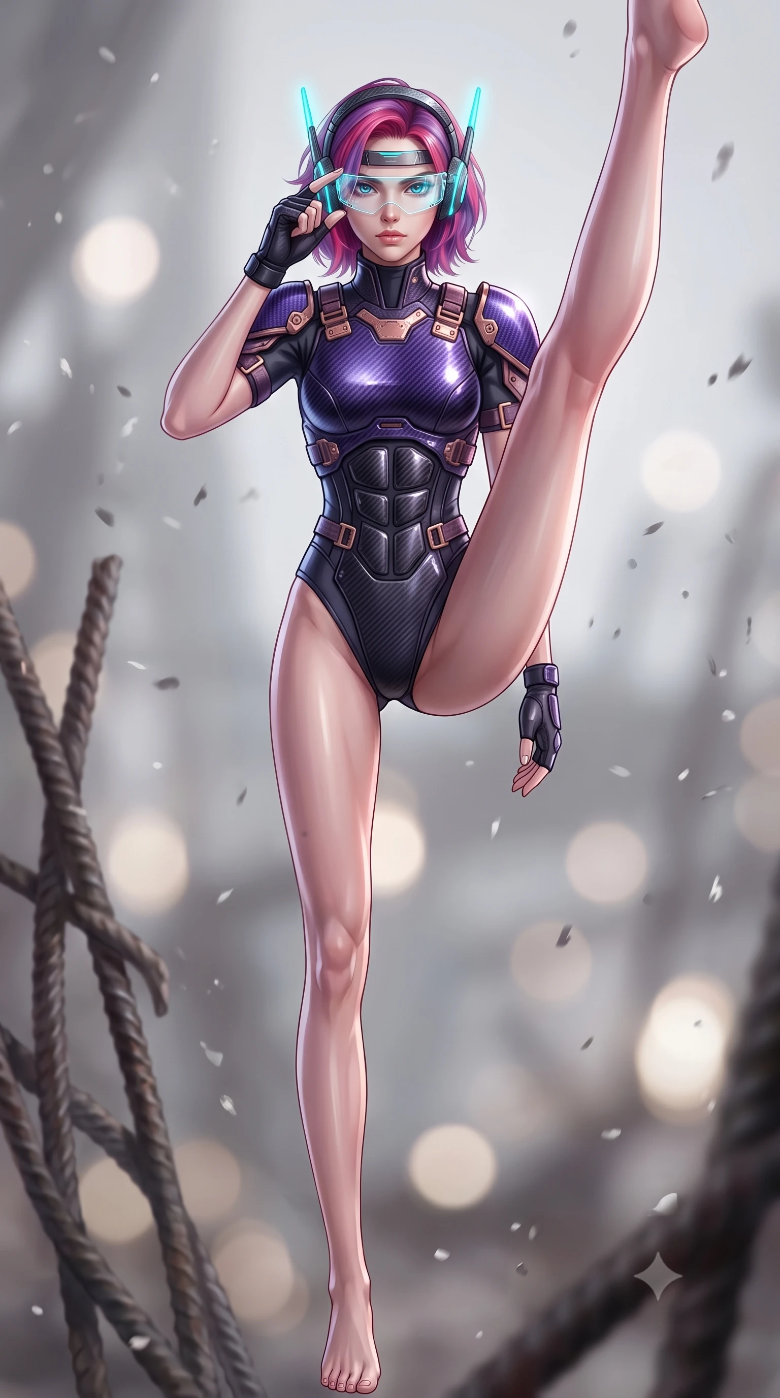 score_9, masterpiece, best quality, ultra-detailed, high-budget anime keyframe, semi-realistic 3D game render, editorial fashion photography, tasteful artistic composition, Caucasian woman. low angle full-body shot from head to toe showing her feet, filling the entire 9:16 vertical frame with her statuesque presence, stretching her vertical silhouette. executing a breathtaking zero-gravity high-kick with full 180-degree vertical extension, her impossibly long slender legs dominating the frame with razor-sharp poise while retracting her holographic visor with a flick of her fingers, casting an intense, resolute sovereign gaze into the lens. The composition keeps background elements in soft focus with creamy bokeh. twisted structural rebar and falling ash flakes softened in moody atmospheric depth of field. She has an absolutely perfect, statuesque 8.5-heads proportion, an exceptionally tall and slender model-like female figure with impossibly long slender legs, a toned flat midriff, and an ultra-slim waist. sharp v-shaped jawline, high-bridge nose, intricate jewel-like eyes with depth, thick eyelashes, glossy lips with a natural sheen, fierce and resolute heroine expression, flawlessly proportioned anatomical accuracy, strict slender model proportions, natural body alignment, perfectly sculpted long slender limbs, ultra-slim waistline, clean dynamic posture without body distortion. wearing a lightweight carbon-fiber tactical sensory headpiece with glowing cyan ear-antennae and an ultra-thin forehead HUD brow-band, paired with a heavy modular carbon-fiber combat cuirass paired with a second-skin tactical leotard and reinforced titanium shoulder pauldrons in royal purple carbon fiber with distressed rose-gold hardware and buckles, formed from high-gloss patent carbon-plating with specular dystopian chiaroscuro reflections, finished with high-mobility flexible armor articulation seams and miniature magnetic locks, the glove-like aerodynamic second-skin fit tightly clinging to her ultra-slender waist and athletic curves without adding bulk, accentuating her razor-sharp statuesque lines and slim hourglass silhouette. illuminated by crisp white key lighting with sharp specular highlights tracing her sculpted armor and slender curves. rich saturated anime colors with glowing neon highlights, detailed shading with soft gradients, rich glossy textures, high-contrast stereoscopic depth, volumetric dynamic lighting, master piece, 9:16 ratio