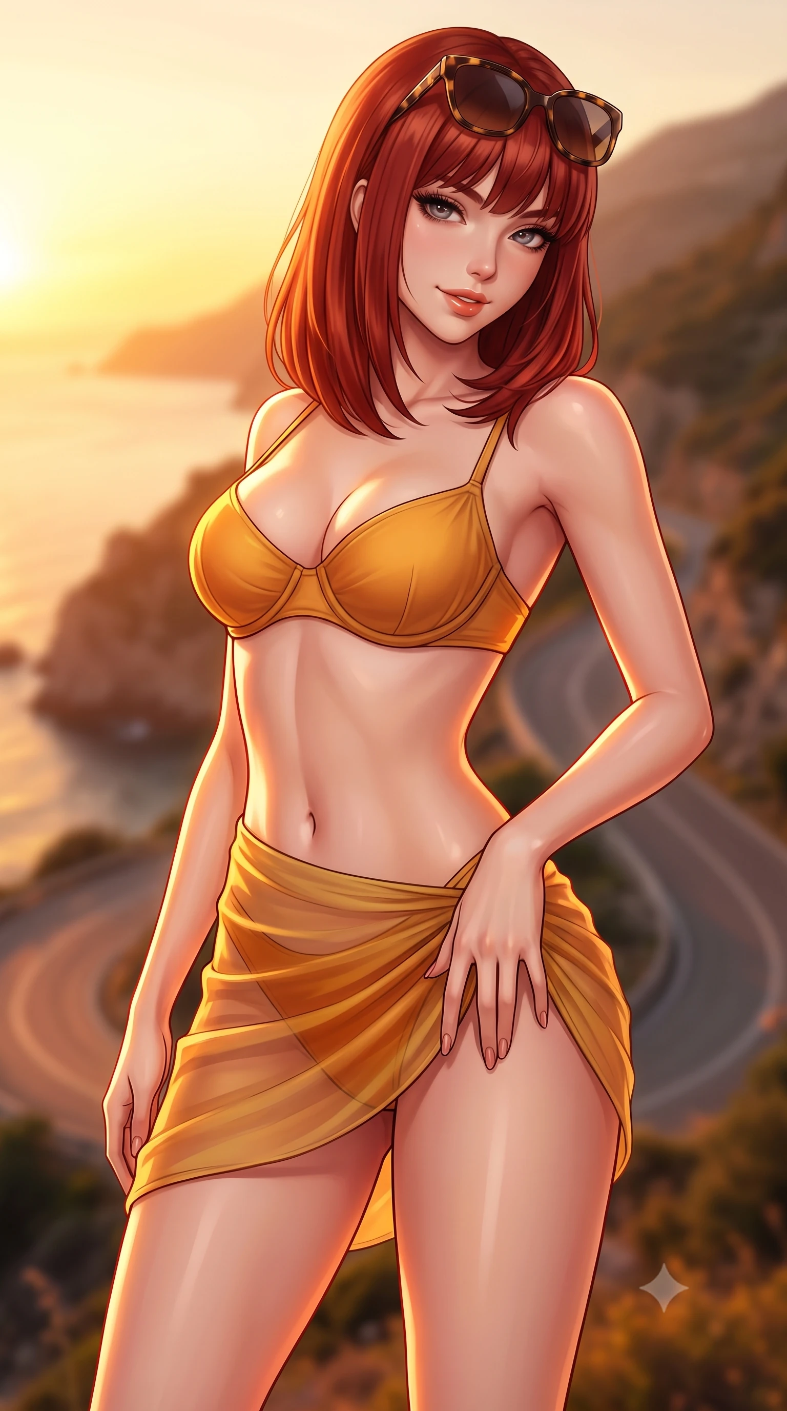 score_9, masterpiece, best quality, ultra-detailed, high-budget anime keyframe, semi-realistic 3D game render, editorial fashion photography, tasteful artistic composition, Caucasian woman. close-up cowboy shot from the waist and thighs up, the character dominates the composition, filling the frame with her large presence. tilting her head with a teasing half-smile, running one hand slowly down the side of her hip in a flirtatious S-curve as ambient light caresses her silhouette while twisting her slender torso in an alluring S-curve, fiery sunset rays tracing her form-fitting outfit and curvy hips. The background shows a soft-focus winding coastal serpentine roads softened in dramatic sunset cliff shallow focus. She has an exceptionally elegant, slender, and willowy female figure with an ultra-slim waist, flat toned midriff, narrow ribcage, and sculpted feminine hips creating an alluring, slim hourglass silhouette without bulk. sharp v-shaped jawline, high-bridge nose, sparkling eyes with hypnotic seductive depth, thick curled eyelashes, glossy parted lips with a natural dewy peach sheen, alluring bedroom-eyes with an enchanting coquettish smile, exuding magnetic siren charisma and sophisticated glamour, flawlessly proportioned anatomical accuracy, strict slender model proportions, natural body alignment, perfectly sculpted long slender limbs, ultra-slim waistline, clean dynamic posture without body distortion. wearing a structured underwire bikini bustier top paired with an ultra-short draped sarong wrap mini skirt in warm amber honey and antique gold leaf, made of sheer gossamer chiffon that drapes softly against skin with airy translucence, complemented by oversized designer tortoiseshell sunglasses resting atop her head, the glove-like clinging cut tightly following the natural contour of her hips and long slender legs with youthful 8.5-heads elegance. bathed in molten golden hour sunset light flooding horizontally across the sea cliffs. highly saturated vibrant anime colors, detailed shading with soft gradients, rich glossy textures, high-contrast stereoscopic depth, volumetric dynamic lighting, master piece, 9:16 ratio