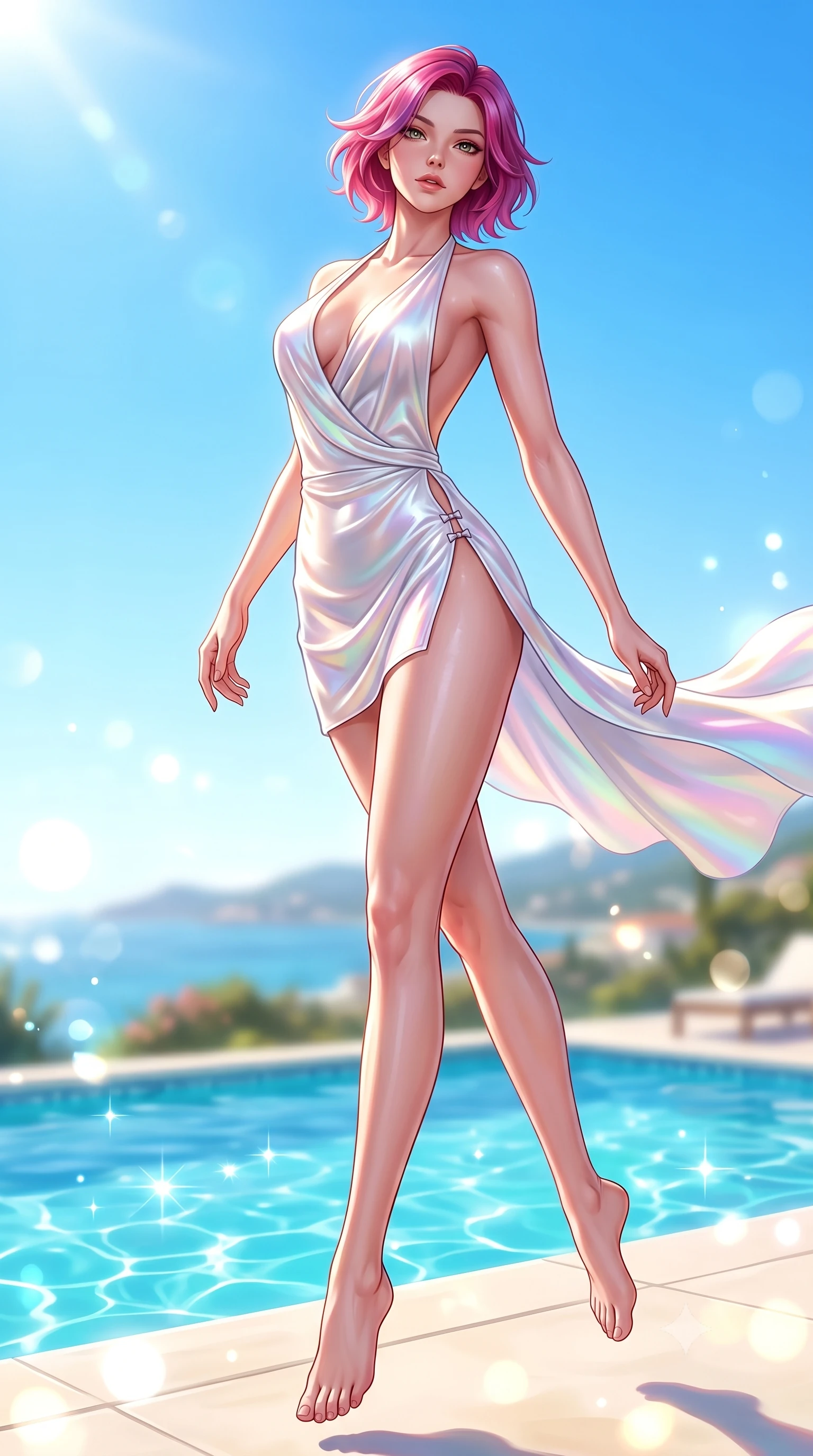 score_9, masterpiece, best quality, ultra-detailed, high-budget anime keyframe, semi-realistic 3D game render, editorial fashion photography, tasteful artistic composition, Caucasian woman. low angle full-body shot from head to toe showing her feet, filling the entire 9:16 vertical frame with her statuesque presence, stretching her vertical silhouette. leaping through mid-air with an athletic yet alluring arch of her spine, her impossibly long slender legs stretched in flawless poise while arching her spine in a fluid stretch on a sun-drenched pool deck as warm coastal winds billow her draped silk outfit. The composition keeps background elements in soft focus with creamy bokeh. brilliant Mediterranean sunlight scattering bright specular highlights across a soft-focus backdrop. She has an absolutely perfect, statuesque 8.5-heads proportion, an exceptionally tall and slender model-like female figure with impossibly long slender legs, a toned flat midriff, and an ultra-slim waist. sharp v-shaped jawline, high-bridge nose, intricate jewel-like eyes with depth, thick eyelashes, glossy lips with a natural sheen, flawlessly proportioned anatomical accuracy, strict slender model proportions, natural body alignment, perfectly sculpted long slender limbs, ultra-slim waistline, clean dynamic posture without body distortion. wearing a form-contouring liquid satin halter-neck mini dress with a deep crossover cowl front, open back, and ultra-slender waist drape in glistening liquid pearl white with rainbow opalescence, made of smooth iridescent silk chiffon that shifts colors with movement, finished with an ultra-high side slit secured by miniature magnetic clasps, the precision-cut daring openings accentuating her delicate midriff, graceful bare collarbones, and ultra-slim feminine waistline. bathed in brilliant Mediterranean sunlight and glittering turquoise pool water caustics. highly saturated vibrant anime colors, detailed shading with soft gradients, rich glossy textures, high-contrast stereoscopic depth, volumetric dynamic lighting, master piece, 9:16 ratio
