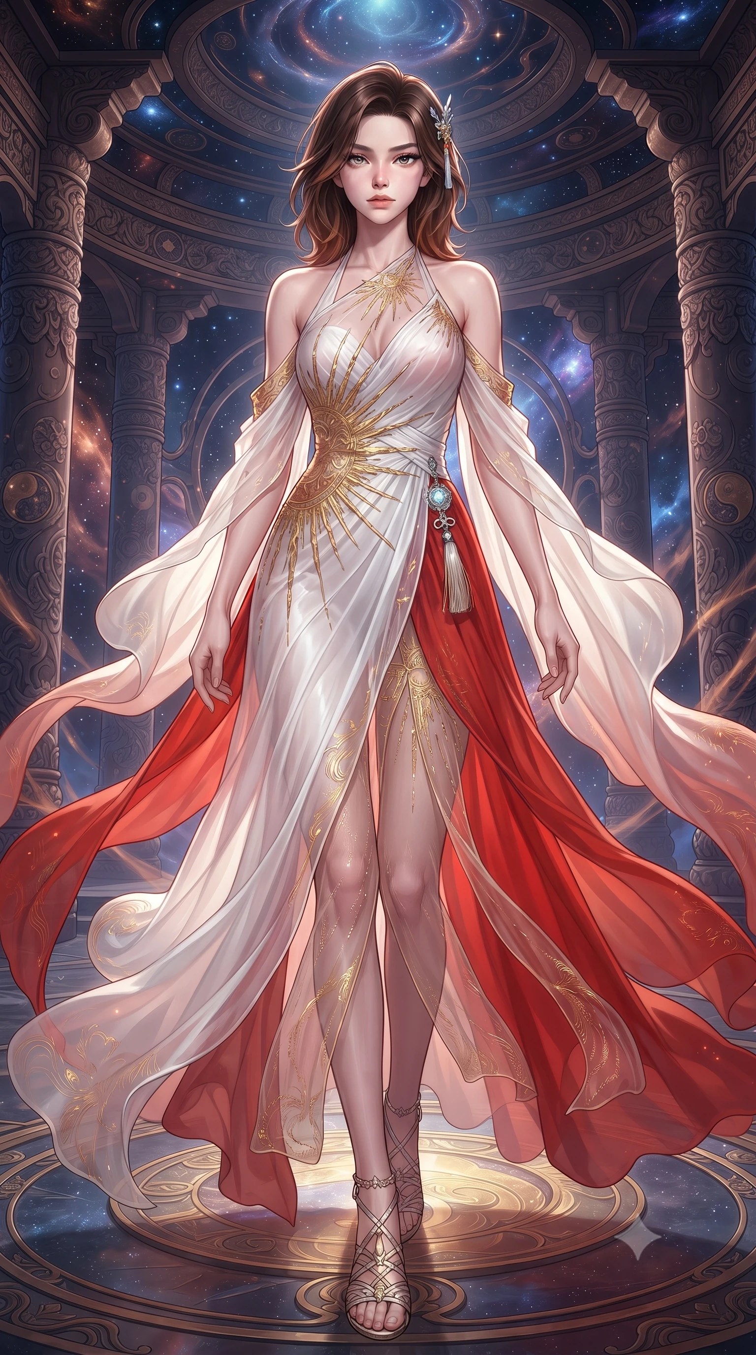 score_9, masterpiece, best quality, ultra-detailed, high-budget anime keyframe, editorial fashion photography, tasteful artistic composition, Korean woman. low angle full-body shot from head to toe showing her feet, filling the entire 9:16 vertical frame with her statuesque presence, stretching her vertical silhouette. striding forward in a proud, dynamic supermodel runway stride, her statuesque vertical silhouette commanding the entire frame while executing a slow zero-gravity spiral turn as iridescent organza drapes swirl around her statuesque silhouette. The surrounding environment is rendered in vivid detail and crisp panoramic clarity. transcendent zero-gravity chiaroscuro and cosmic oriental palace aesthetics captured with precision. She has an absolutely perfect, statuesque 8.5-heads proportion, an exceptionally tall and slender model-like female figure with impossibly long slender legs, a toned flat midriff, and an ultra-slim waist. sharp v-shaped jawline, high-bridge nose, intricate jewel-like eyes with depth, thick eyelashes, glossy lips with a natural sheen, captivating and magnetic expression, flawlessly proportioned anatomical accuracy, strict slender model proportions, natural body alignment, perfectly sculpted long slender limbs, ultra-slim waistline, clean dynamic posture without body distortion. wearing a celestial priestess halter gown with golden sunburst embroidery and sheer leg veils in pure snow white and vermilion red, crafted from sheer cascading chiffon that ripples like water, accented with a glowing metallic norigae knot charm and silver hairpin, the liquid-tight tailored fabric emphasizing every curve of her tall, slender model proportions and sculptured silhouette during dynamic movement. surrounded by an immortal, transcendent, and breathtakingly majestic cosmos empress aura. ultra-reflective glossy finish, specular highlights, rich textural contrasts, high-contrast stereoscopic depth, volumetric dynamic lighting, 2k, ultra detail, master piece, 9:16 ratio