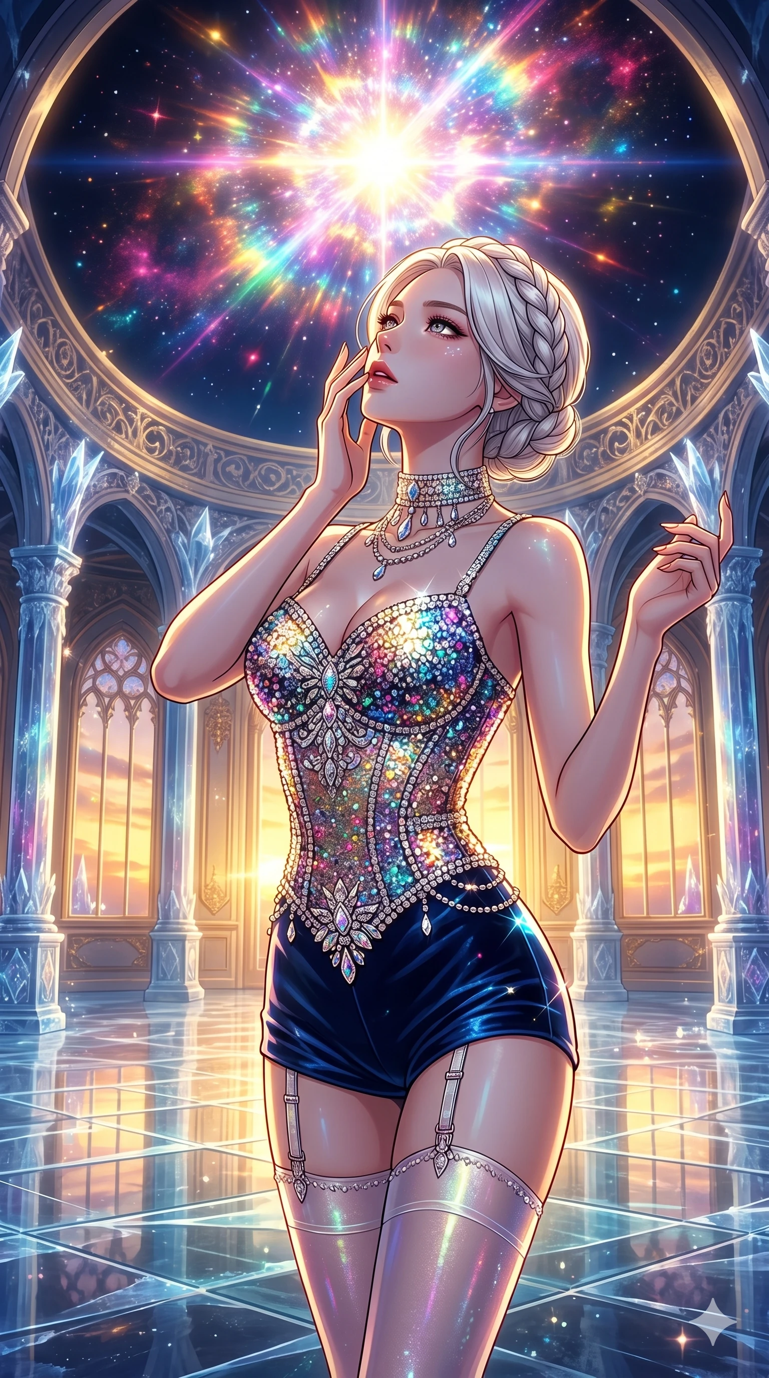 score_9, masterpiece, best quality, ultra-detailed, high-budget anime movie keyframe, cinematic anime lighting, intricate line art, Korean woman. Upper body filling screen focusing on her alluring features and slim-fit silhouette. observing a supernova in a frozen starlight ballroom during a golden sunset. She has an absolutely perfect 8-heads proportion, an exceptionally tall and slender female figure with an ultra-slim waist and impossibly long slender legs. sharp v-shaped jawline, high-bridge nose, intricate jewel-like eyes, thick eyelashes, glossy lips. Wearing luxurious K-pop idol stage outfit featuring a sparkling sequined corset, high-cut velvet shorts, and sheer silk stockings with garter belts, accessorized with crystal chokers. The scene is illuminated by dramatic atmospheric lighting and vibrant color palettes. , 2k, ultra detail, master piece, 9:16 ratio