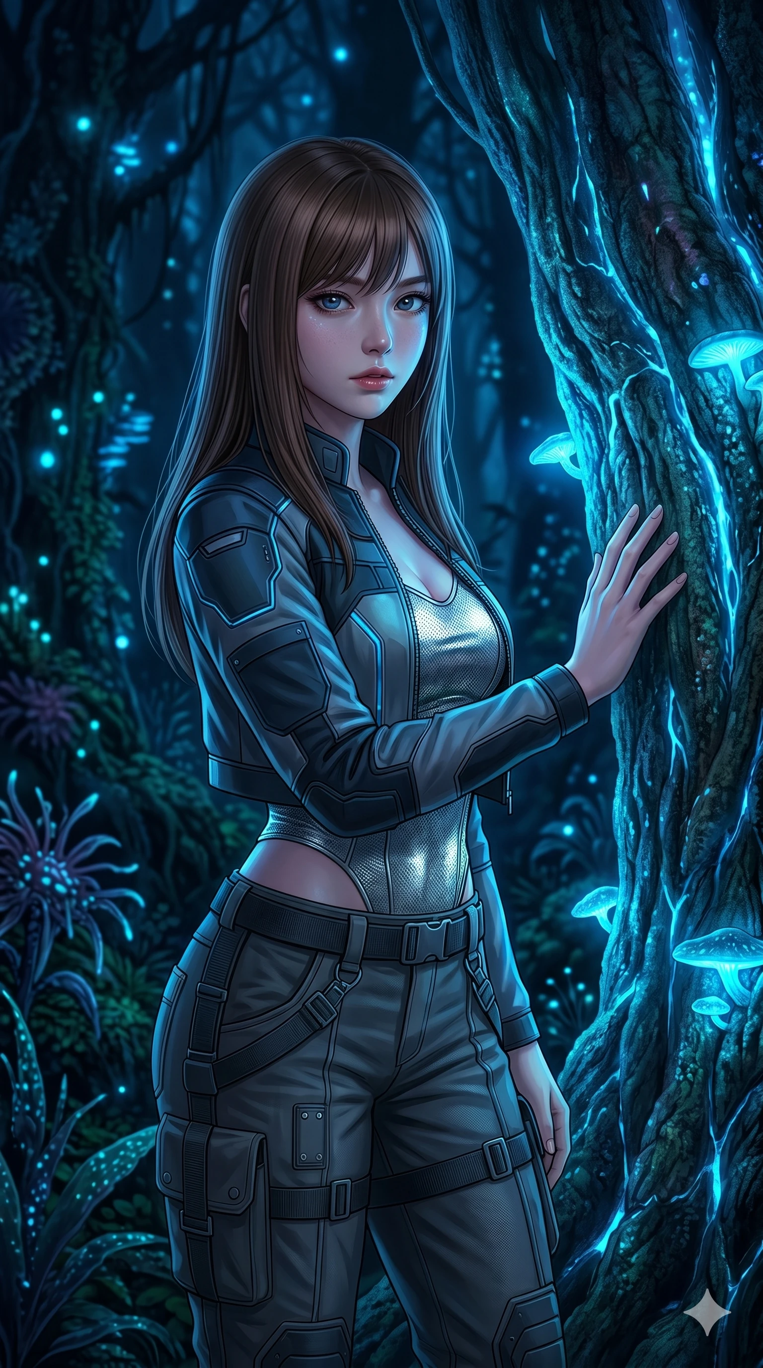 score_9, masterpiece, best quality, ultra-detailed, high-budget anime keyframe, editorial fashion photography, tasteful artistic composition, Korean woman. Upper body close-up from the thighs up, character filling the screen for maximum presence. Standing next to a giant glowing bio-luminescent tree trunk, touching the trunk, looking at the camera with an intense, curious gaze. She is wearing a cropped cyber-jacket over a silver bodice and dark utility pants. The scene is bathed in the soft blue bioluminescent light of the tree trunk. 2k, ultra detail, master piece, 9:16 ratio