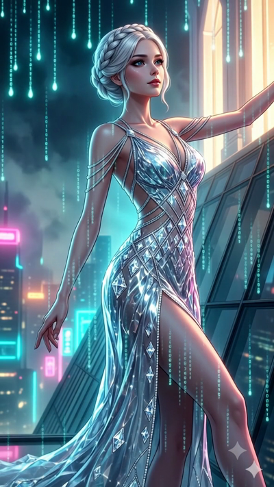 An artistic 8-second cinematic sequence of an elegant figure wearing a gown crafted from intricate, light-reflecting prismatic crystals. The scene is set on a high-altitude glass balcony overlooking a vast modern metropolis at night, illuminated by s