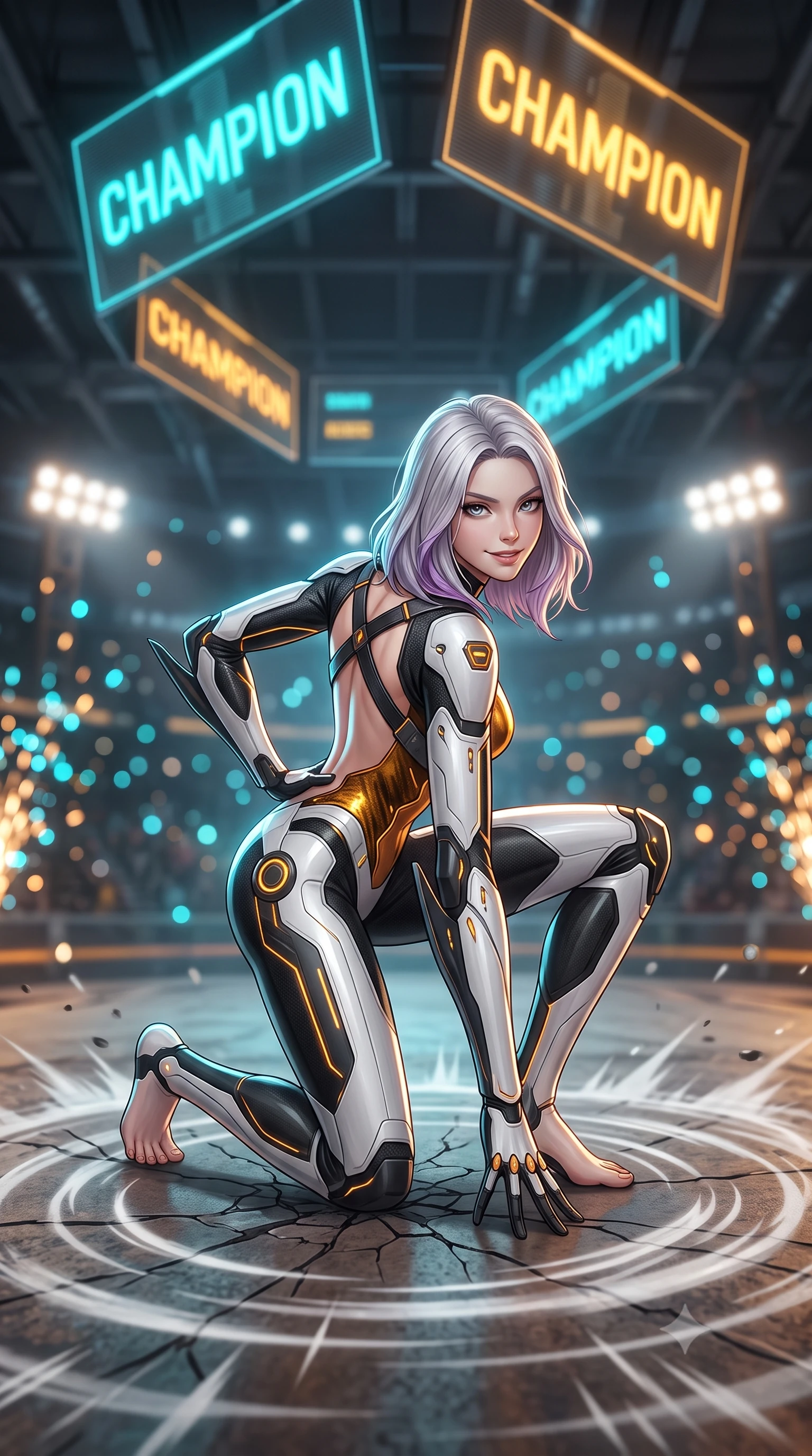 score_9, masterpiece, best quality, ultra-detailed, high-budget anime keyframe, semi-realistic 3D game render, editorial fashion photography, tasteful artistic composition, Caucasian woman. low angle full-body shot from head to toe showing her feet, filling the entire 9:16 vertical frame with her statuesque presence, stretching her vertical silhouette. landing gracefully from a high-altitude leap on one knee and palm, her statuesque silhouette framed by radial shockwave ripples in the ground while resting one hand on her hip with a fearless, captivating battle smile as giant holographic arena scoreboards flash overhead. The composition keeps background elements in soft focus with creamy bokeh. massive industrial arena floodlights and streaking motorball sparks blurred into dazzling cyan, amber, and charcoal bokeh. She has an absolutely perfect, statuesque 8.5-heads proportion, an exceptionally tall and slender model-like female figure with impossibly long slender legs, a toned flat midriff, and an ultra-slim waist. sharp v-shaped jawline, high-bridge nose, intricate jewel-like eyes with depth, thick eyelashes, glossy lips with a natural sheen, flawlessly proportioned anatomical accuracy, strict slender model proportions, natural body alignment, perfectly sculpted long slender limbs, ultra-slim waistline, clean dynamic posture without body distortion. wearing a high-contrast monochrome white-and-black carbon-composite exoskeleton suit with glowing amber circuitry and aerodynamic limb fins in molten amber-gold carbon cuirass with dark titanium weave, made of liquid carbon-jersey fabric adhering flawlessly to her sculpted silhouette, complemented by criss-cross back harness straps highlighting her completely bare spine, the form-contouring material adhering flawlessly to her sculpted flat midriff and slender torso, emphasizing her long leg lines and perfectly proportioned willowy build. surrounded by an exhilarating, fierce, and breathtakingly stylish cyborg-warrior champion aura. rich saturated anime colors with glowing neon highlights, detailed shading with soft gradients, rich glossy textures, high-contrast stereoscopic depth, volumetric dynamic lighting, master piece, 9:16 ratio