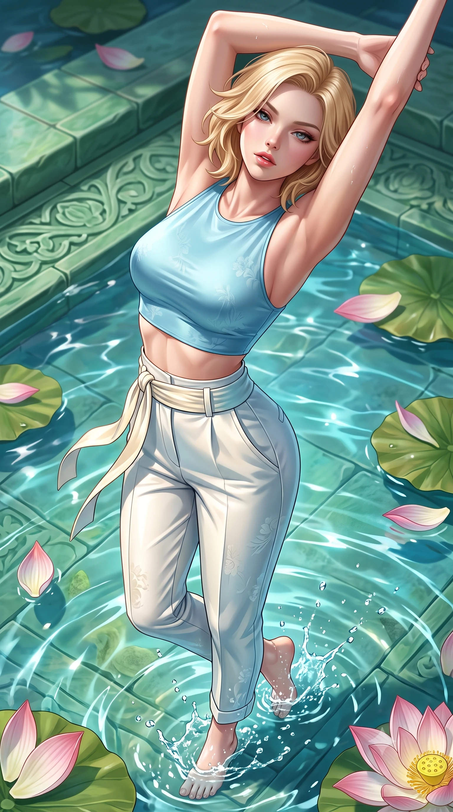 score_9, masterpiece, best quality, ultra-detailed, high-budget anime keyframe, semi-realistic 3D game render, editorial fashion photography, tasteful artistic composition, Caucasian woman. close-up cowboy shot from the waist and thighs up, the character dominates the composition, filling the frame with her large presence. arching her back languidly with arms stretching overhead, highlighting her narrow waist and feminine silhouette in pure supermodel elegance while wading lightly into the shallow lotus pool, water splashing around her slender ankles in glittering droplets. The surrounding environment is rendered in vivid detail and crisp panoramic clarity. sharp water surface tension ripples, carved jade pool tiling, and floating lotus petal veins in deep focus. She has an exceptionally elegant, slender, and willowy female figure with an ultra-slim waist, a gracefully sculpted slender torso, toned flat midriff, and a refined slim silhouette. sharp v-shaped jawline, high-bridge nose, intricate jewel-like eyes with depth, thick eyelashes, glossy parted lips with a natural sheen, intensely captivating and seductive expression, flawlessly proportioned anatomical accuracy, strict slender model proportions, natural body alignment, perfectly sculpted long slender limbs, ultra-slim waistline, clean dynamic posture without body distortion. wearing an aerodynamic eco-chic racerback crop tank with high-waisted white utility trousers in sky azure and soft sunlight cream, tailored from smooth liquid silk satin with subtle floral jacquard, accented with a wide sash belt cinching her impossibly narrow waist, the relaxed yet flattering fit accentuating her naturally graceful and slender figure, highlighting her tall statuesque proportions. bathed in midday azure skylight and shimmering pool water caustic bounce lights. highly saturated vibrant anime colors, detailed shading with soft gradients, rich glossy textures, high-contrast stereoscopic depth, volumetric dynamic lighting, master piece, 9:16 ratio
