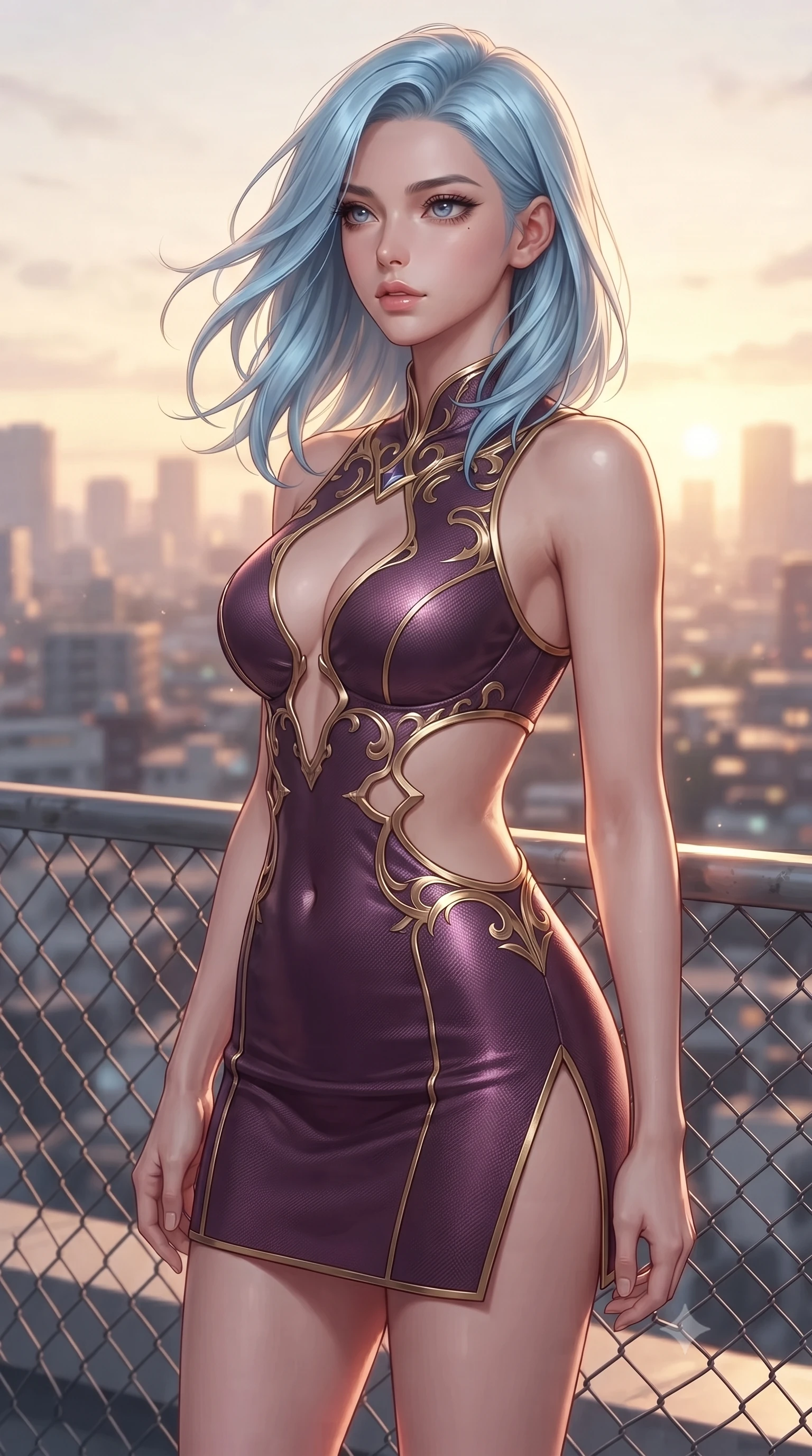 score_9, masterpiece, best quality, ultra-detailed, high-budget anime keyframe, editorial fashion photography, tasteful artistic composition, Korean woman. close-up cowboy shot from the waist and thighs up, the character dominates the composition, filling the frame with her large presence, background elements kept in soft focus. Gazing past the camera with an air of effortless elegance and mysterious confidence standing by the metal fence of a high school rooftop overlooking a sunset city skyline, soft evening breeze swaying her long hair gracefully against the skyline. She has an exceptionally elegant, slender, and willowy female figure with an ultra-slim waist, a gracefully sculpted slender torso, and a refined silhouette. sharp v-shaped jawline, high-bridge nose, intricate jewel-like eyes with depth, thick eyelashes, glossy lips with a natural sheen. wearing a dramatic open-waist cutout mini dress framed by sculptural hardware in plum purple and gold filigree, made of fine carbon-fiber weave and soft matte leather, finished with a sleek side slit ascending to mid-thigh, the form-contouring material highlighting her ultra-slim waist and long lines. surrounded by a serene, nostalgic golden aura with soft backlighting. ultra-reflective glossy finish, specular highlights, metallic sheen, high-contrast stereoscopic depth, volumetric dynamic lighting, 2k, ultra detail, master piece, 9:16 ratio