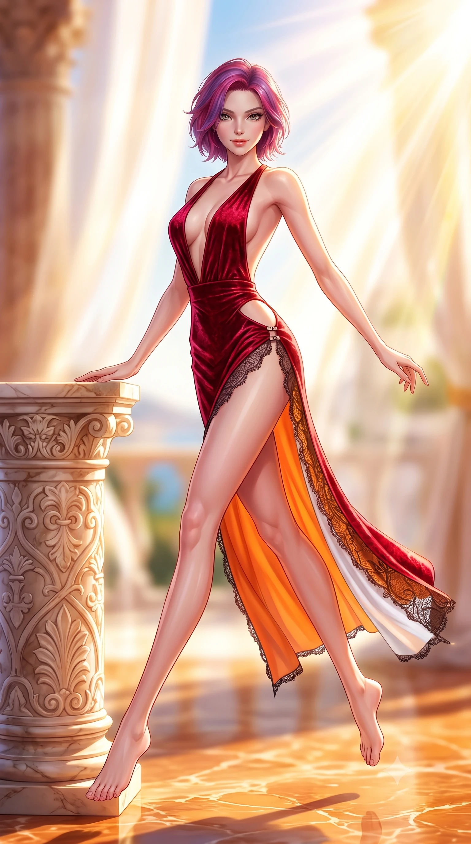 score_9, masterpiece, best quality, ultra-detailed, high-budget anime keyframe, semi-realistic 3D game render, editorial fashion photography, tasteful artistic composition, Caucasian woman. low angle full-body shot from head to toe showing her feet, filling the entire 9:16 vertical frame with her statuesque presence, stretching her vertical silhouette. leaping through mid-air with an athletic yet alluring arch of her spine, her impossibly long slender legs stretched in flawless poise while resting against an intricately carved marble column with a sovereign, captivating smile looking directly into the lens. The composition keeps background elements in soft focus with creamy bokeh. brilliant Mediterranean sunlight scattering radiant light curtains across a soft-focus backdrop. She has an absolutely perfect, statuesque 8.5-heads proportion, an exceptionally tall and slender model-like female figure with impossibly long slender legs, a toned flat midriff, and an ultra-slim waist. sharp v-shaped jawline, high-bridge nose, intricate jewel-like eyes with depth, thick eyelashes, glossy lips with a natural sheen, flawlessly proportioned anatomical accuracy, strict slender model proportions, natural body alignment, perfectly sculpted long slender limbs, ultra-slim waistline, clean dynamic posture without body distortion. wearing a backless crimson crushed velvet gown with a deep plunging V-neckline, strategic hip cutouts, and an ultra-high thigh slit in vivid sunset amber orange and cloud white, crafted from delicate dark lace interwoven with luminescent micro-fibers, finished with an ultra-high side slit secured by miniature magnetic clasps, the sleek second-skin cut tightly hugging her graceful clavicle, narrow waist, and feminine curves with athletic precision. bathed in dazzling golden hour sunbursts and rich amber marble surface reflections. highly saturated vibrant anime colors, detailed shading with soft gradients, rich glossy textures, high-contrast stereoscopic depth, volumetric dynamic lighting, master piece, 9:16 ratio