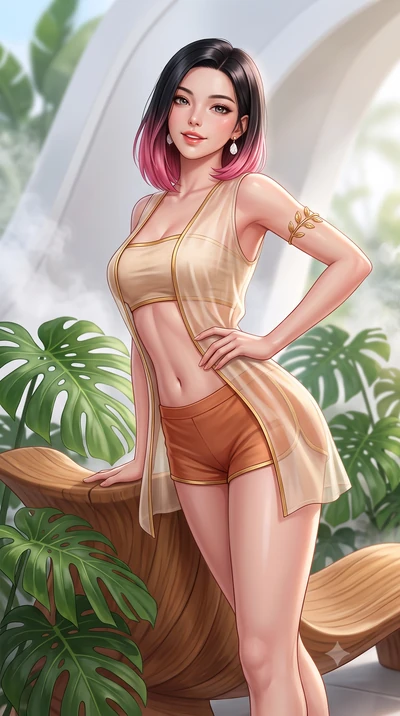 score_9, masterpiece, best quality, ultra-detailed, high-budget anime keyframe, semi-realistic 3D game render, editorial fashion photography, tasteful artistic composition, Korean woman. close-up cowboy shot from the waist and thighs up, the characte