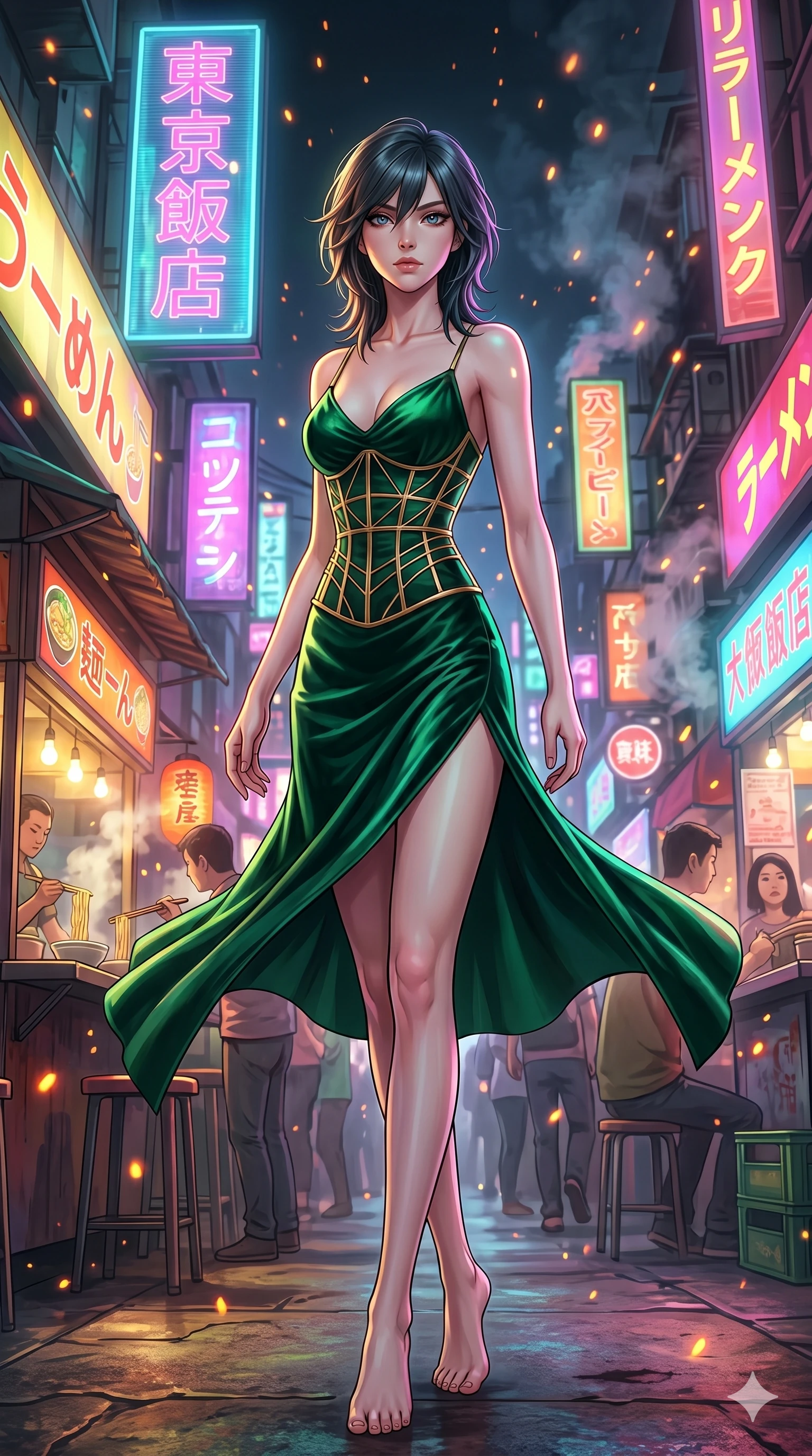 score_9, masterpiece, best quality, ultra-detailed, high-budget anime keyframe, editorial fashion photography, tasteful artistic composition, Caucasian woman, strictly human ears. low angle full-body shot from head to toe showing her feet, filling the entire 9:16 vertical frame with her statuesque presence, stretching her vertical silhouette. spinning in the center of in a cyberpunk night bazaar filled with glowing noodle stalls and holographic signs while bioluminescent spores drift upward like warm embers. She has an absolutely perfect 8-heads proportion, an exceptionally tall and slender female figure with impossibly long slender legs and an ultra-slim waist. V-shaped jawline, high-bridge nose, intricate jewel-like eyes with depth, thick eyelashes, glossy lips with a natural sheen.. wearing a mathematical gold wire cage corset and an emerald green silk velvet slip dress with an asymmetric elegant knee-high side slit. lit by high-contrast neon strobes that carve out her dynamic posture and V-shaped jawline. 2k, ultra detail, master piece, 9:16 ratio