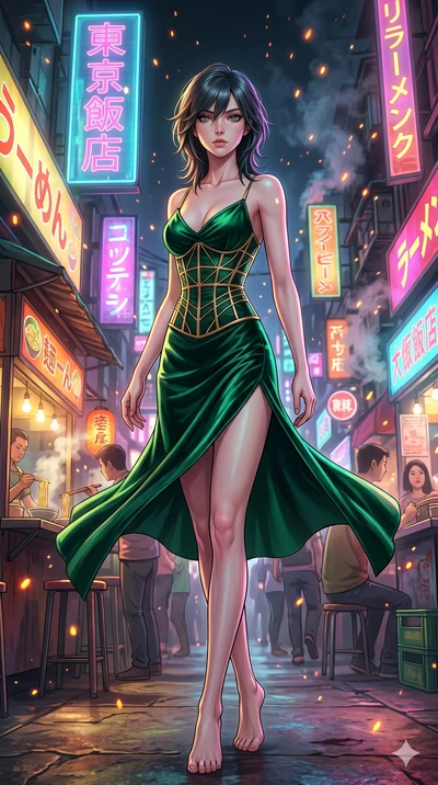 score_9, masterpiece, best quality, ultra-detailed, high-budget anime keyframe, editorial fashion photography, tasteful artistic composition, Caucasian woman, strictly human ears. low angle full-body shot from head to toe showing her feet, filling th