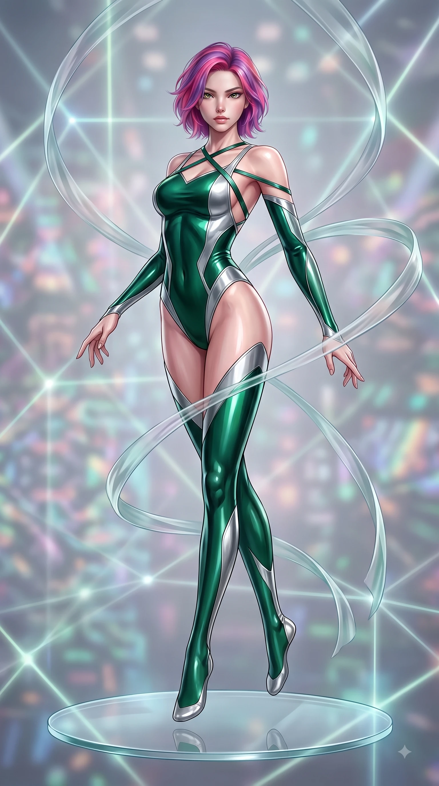 score_9, masterpiece, best quality, ultra-detailed, high-budget anime keyframe, editorial fashion photography, tasteful artistic composition, Caucasian woman. low angle full-body shot from head to toe showing her feet, filling the entire 9:16 vertical frame with her statuesque presence, stretching her vertical silhouette. performing an athletic mid-air rotation with flawless poise, her vertical silhouette beautifully stretched while pivoting her torso in an S-curve alignment on a floating glass disk inside a light matrix, translucent silk ribbons swirling around her body like light streams. She has an absolutely perfect, statuesque 8.5-heads proportion, an exceptionally tall and slender model-like female figure with impossibly long slender legs and an ultra-slim waist. sharp v-shaped jawline, high-bridge nose, intricate jewel-like eyes with depth, thick eyelashes, glossy lips with a natural sheen, flawlessly proportioned anatomical accuracy, natural body alignment, perfectly sculpted elegant limbs, clean dynamic posture without body distortion. wearing an asymmetrical high-cut tech-bodysuit with detached sleeves in deep emerald green and silver accent, formed from sleek second-skin neoprene, complemented by criss-cross back straps highlighting her bare shoulders, the glove-like fit emphasizing her statuesque silhouette during motion. bathed in sharp geometric laser grid highlights and soft ambient fill. ultra-reflective glossy finish, specular highlights, metallic sheen, high-contrast stereoscopic depth, volumetric dynamic lighting, 2k, ultra detail, master piece, 9:16 ratio