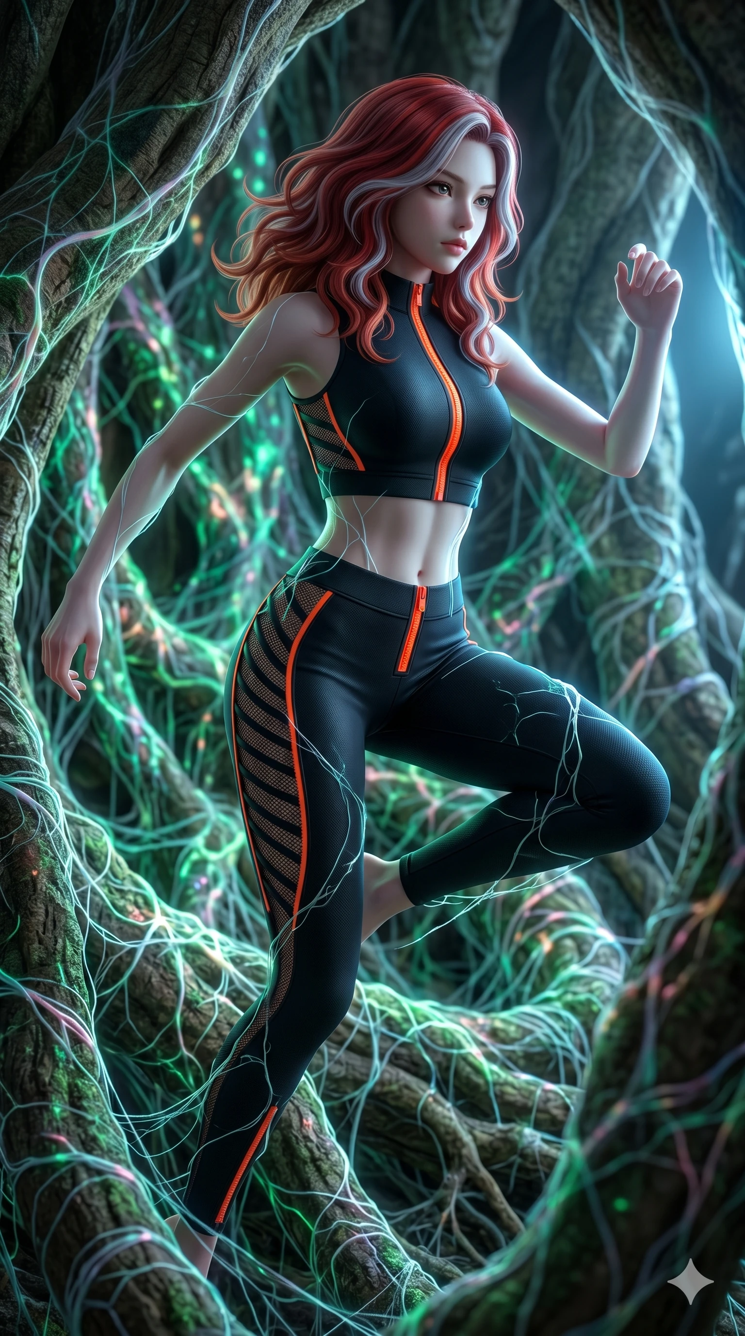 score_9, masterpiece, best quality, ultra-detailed, high-budget anime keyframe, Korean woman. upper body close-up from the thighs up, character filling the screen for maximum presence. jumping amidst giant ancient tree roots wrapped in trillions of glowing mycelium threads pulsing with emerald and opal light. She has an absolutely perfect 8-heads proportion, an exceptionally tall and slender female figure with impossibly long slender legs and an ultra-slim waist. V-shaped jawline, high-bridge nose, intricate jewel-like eyes with depth, thick eyelashes, glossy lips with a natural sheen.. wearing a second-skin neoprene cyber-athleisure set, featuring a tight crop top and leggings with fluorescent orange zipper accents and side slash panels. lit by a soft glowing ambient light and a sharp side key light that traces the sleek contours of her athletic build. 2k, ultra detail, master piece, 9:16 ratio