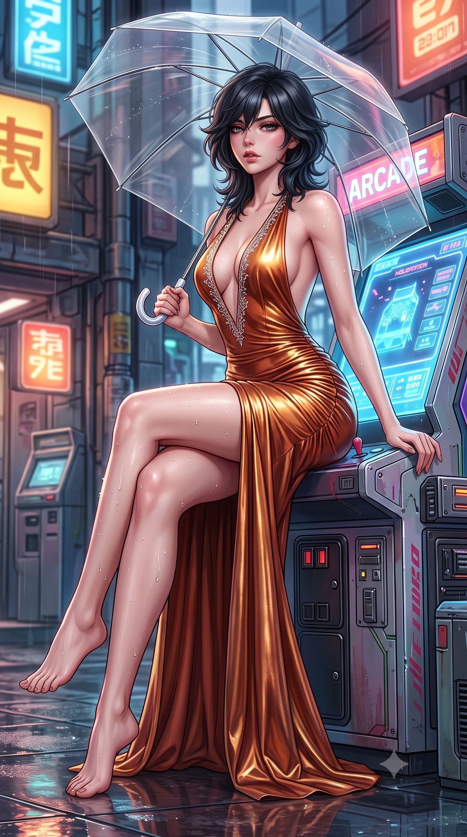 score_9, masterpiece, best quality, ultra-detailed, high-budget anime keyframe, semi-realistic 3D game render, editorial fashion photography, tasteful artistic composition, Caucasian woman. low angle full-body shot from head to toe showing her feet, filling the entire 9:16 vertical frame with her statuesque presence, stretching her vertical silhouette. sitting perched on the elevated edge with hips angled toward the camera and legs crossed, displaying her toned midriff and flawlessly sculpted slender limbs while leaning back against an illuminated holographic arcade kiosk with hips cocked, casting a smoky, dangerous bedroom-gaze from beneath a transparent vinyl umbrella. The surrounding environment is rendered in vivid detail and crisp panoramic clarity. detailed wet-look garment sheen, water droplet beads on skin, and cybernetic street texture in high clarity. She has an exceptionally tall and slender model-like 8.5-heads proportion, an ultra-slim waist, a flat toned midriff, narrow delicate ribcage, and beautifully sculpted feminine hips creating a graceful, slim hourglass silhouette without any bulky heaviness, with impossibly long slender legs. sharp v-shaped jawline, high-bridge nose, intricate jewel-like eyes with depth, thick eyelashes, glossy parted lips with a natural sheen, intensely captivating and seductive bedroom-eyes expression, flawlessly proportioned anatomical accuracy, strict slender model proportions, natural body alignment, perfectly sculpted long slender limbs, ultra-slim waistline, clean dynamic posture without body distortion. wearing a plunging halter-neck metallic lamé column dress with a dramatic bare spine and hip-defining ruching in molten desert gold and burnt terracotta, formed from supple second-skin lambskin leather with specular sheen, finished with delicate crystal frost embroidery tracing the plunging neckline, the dramatically scooped open back descending to the base of her spine, accentuating her razor-sharp statuesque lines and slim hourglass silhouette. illuminated by shimmering wet ground specular reflections accentuating her sculpted midriff, narrow waist, and curvy hips. highly saturated vibrant anime colors, detailed shading with soft gradients, rich glossy textures, high-contrast stereoscopic depth, volumetric dynamic lighting, master piece, 9:16 ratio