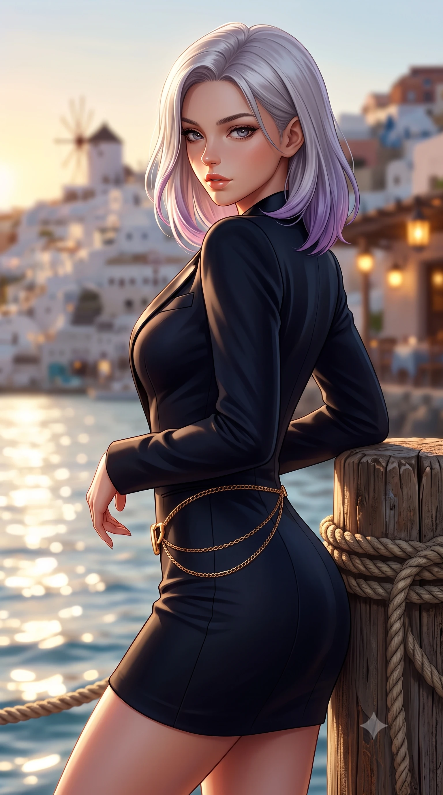 score_9, masterpiece, best quality, ultra-detailed, high-budget anime keyframe, semi-realistic 3D game render, editorial fashion photography, tasteful artistic composition, Caucasian woman. close-up cowboy shot from the waist and thighs up, the character dominates the composition, filling the frame with her large presence. turning over a bare shoulder with an intoxicating, teasing smile, her soft hair framing her sharp jawline as her hips angle gracefully while leaning against an ancient wooden mooring post with hips cocked back, looking over her shoulder with sun-kissed, teasing bedroom-eyes. The composition keeps background elements in soft focus with creamy bokeh. distant Oia cliffside windmills and taverna lantern glow softened in romantic Greek island shallow focus. She has an exceptionally elegant, slender, and willowy female figure with an ultra-slim waist, flat toned midriff, narrow ribcage, and sculpted feminine hips creating an alluring, slim hourglass silhouette without bulk. sharp v-shaped jawline, high-bridge nose, intricate jewel-like eyes with depth, thick eyelashes, glossy parted lips with a natural sheen, intensely captivating and seductive bedroom-eyes expression, flawlessly proportioned anatomical accuracy, strict slender model proportions, natural body alignment, perfectly sculpted long slender limbs, ultra-slim waistline, clean dynamic posture without body distortion. wearing a tailored velvet tuxedo jacket dress with satin lapels, worn with a deep plunge neckline and gold hip buckle in midnight obsidian black and liquid gold, tailored from liquid silk jersey adhering flawlessly to her slender build, accented with a delicate gold chain belt resting loosely on her curvy hips, the form-contouring material adhering flawlessly to her sculpted flat midriff and slender torso, emphasizing her long leg lines and perfectly proportioned willowy build. illuminated by sparkling sea surface glints sharply carving her razor-sharp jawline, narrow waist, and curvy hips. highly saturated vibrant anime colors, detailed shading with soft gradients, rich glossy textures, high-contrast stereoscopic depth, volumetric dynamic lighting, master piece, 9:16 ratio