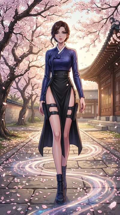 score_9, score_8_up, score_7_up, source_anime, masterpiece, best quality, ultra-detailed, same character with dark hair, wearing a modern stylized high-cut Korean Hanbok, walking through an ancient palace garden with blooming cherry blossoms, soft mo