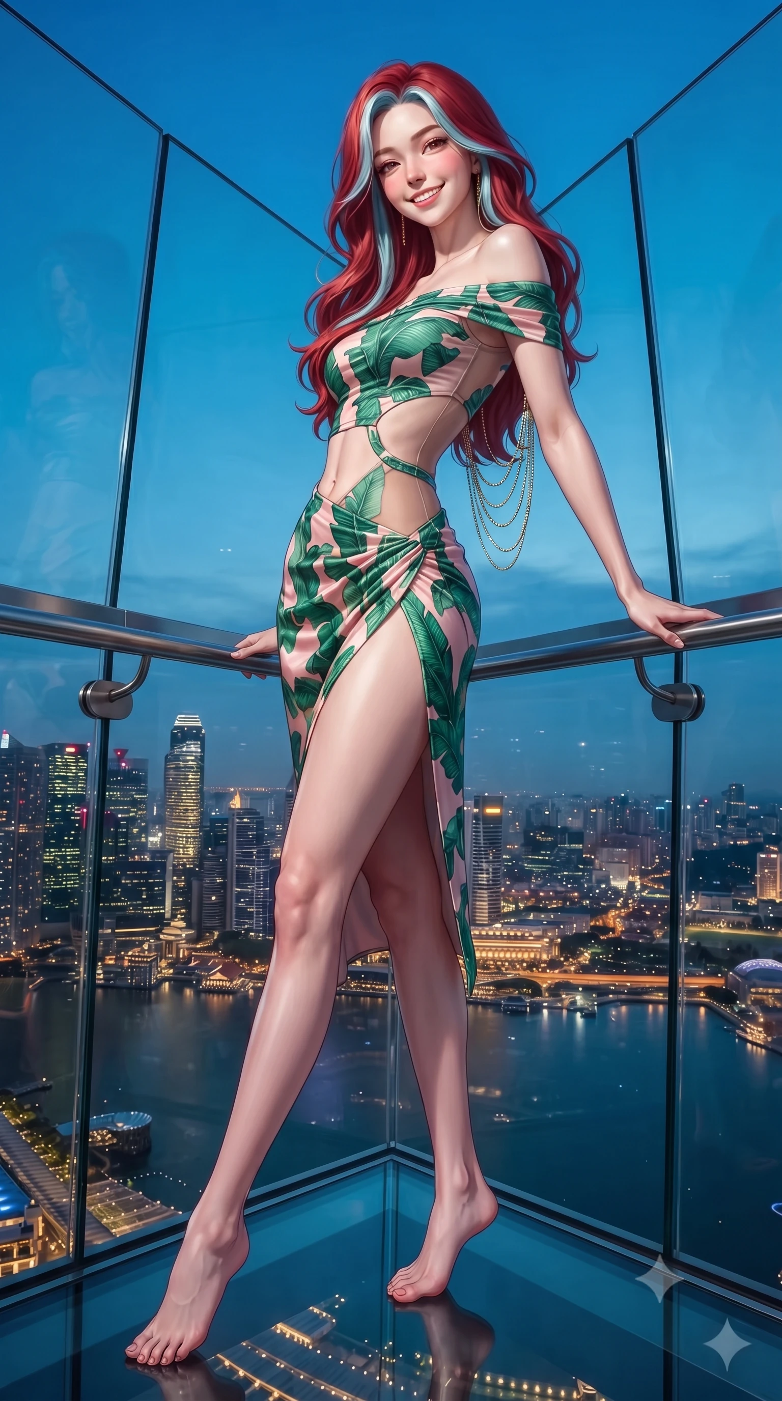 score_9, masterpiece, best quality, ultra-detailed, high-budget anime keyframe, editorial fashion photography, tasteful artistic composition, Caucasian woman. low angle full-body shot from head to toe showing her feet, filling the entire 9:16 vertical frame with her statuesque presence, stretching her vertical silhouette. lounging on the lavish daybed with legs crossed and hips angled toward the camera, displaying her toned midriff and long slender limbs with effortless siren poise while standing poised on the cantilevered glass viewing deck 200 meters above the bay, arching her spine with sovereign supermodel poise as the illuminated Singapore skyline blazes. The surrounding environment is rendered in vivid detail and crisp panoramic clarity: sharp structural glass corner bevels, polished white granite floor joints, and stainless steel expansion joint hardware in deep focus. She has an exceptionally tall and slender model-like 8.5-heads proportion, an ultra-slim waist, a flat toned midriff, narrow delicate ribcage, and beautifully sculpted feminine hips creating a graceful, slim hourglass silhouette without any bulky heaviness, with impossibly long slender legs. sharp v-shaped jawline, high-bridge nose, intricate jewel-like sparkling eyes with depth, thick eyelashes, glossy parted lips with a natural peach sheen, bright cheerful beaming smile with an enchanting and coquettish sensual glint, exuding both youthful cute charm and seductive allure, flawlessly proportioned anatomical accuracy, strict slender model proportions, natural body alignment, perfectly sculpted long slender limbs, ultra-slim waistline, clean dynamic posture without body distortion. wearing a provocative off-the-shoulder crop top with asymmetrical side-torso cutouts and a high-slit wrap skirt in Beverly Hills vintage banana-leaf emerald and blush pink, featuring strategic sheer-illusion tulle side panels framing her ribcage and hips, accented with an open-back drape framed by falling strands of delicate gold chains, the liquid-tight tailored fabric clinging flawlessly to her narrow waist and rounded feminine hips, emphasizing every millimeter of her sculpted slim hourglass curves without any bulky heaviness. illuminated by bay water reflection bounce and sharp platinum-cyan rim lights sculpting her razor-sharp jawline, narrow waist, and curvy hips. ultra-reflective glossy finish, specular highlights, rich textural contrasts, high-contrast stereoscopic depth, volumetric dynamic lighting, 2k, ultra detail, master piece, 9:16 ratio